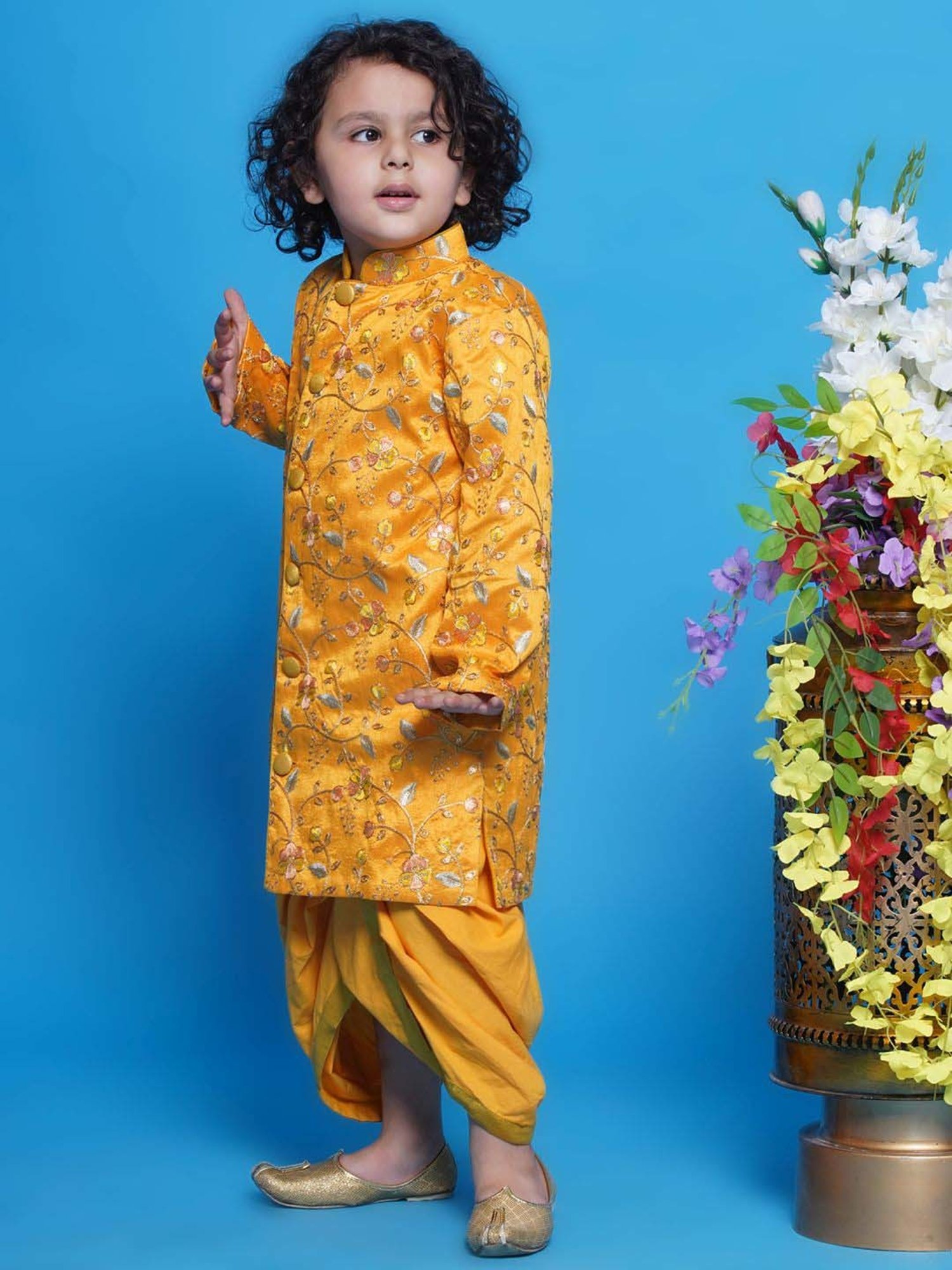 Little Bansi Boys Yellow Embroidery Full Sleeves Kurta Set