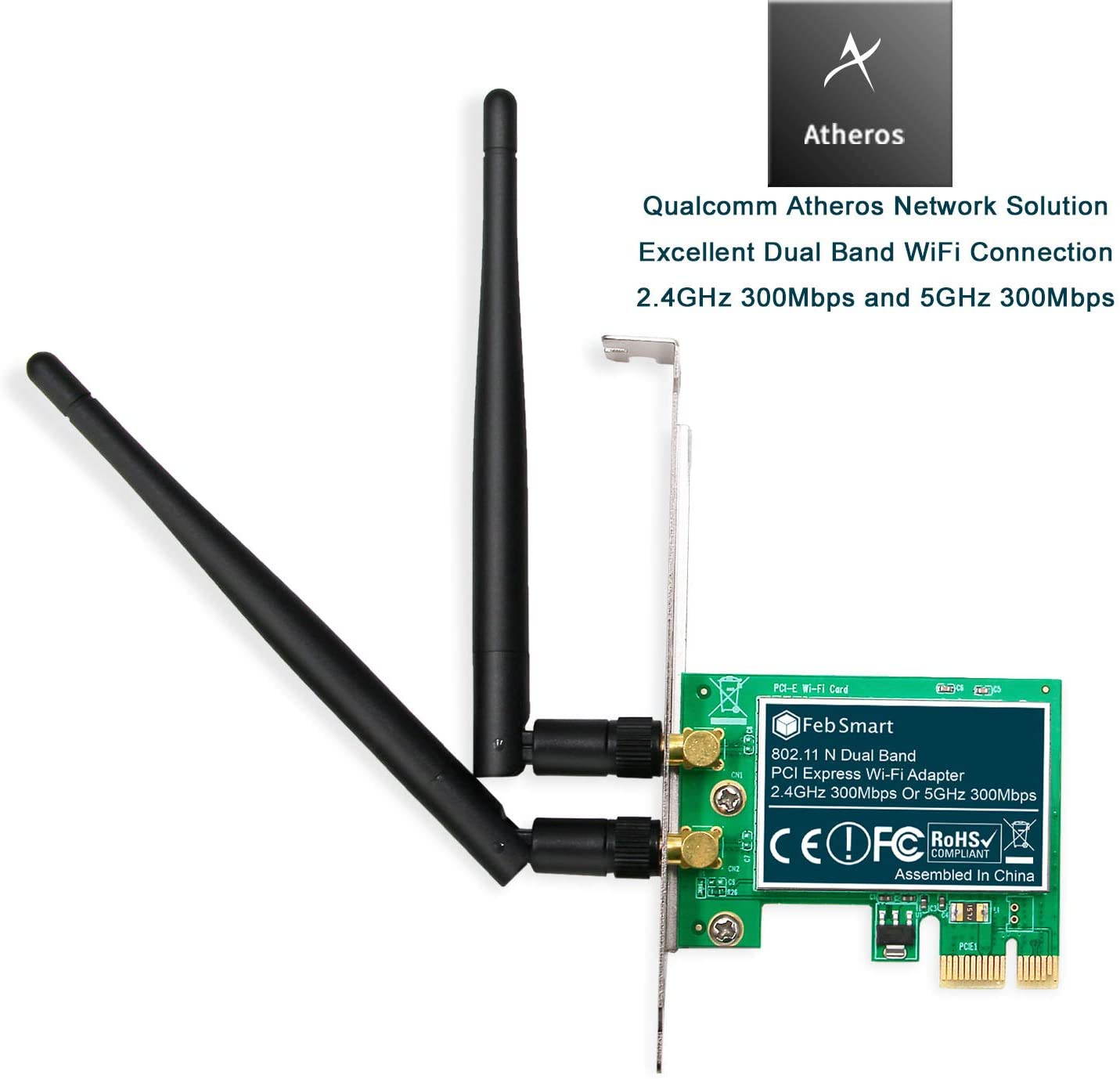 FebSmart Wireless Dual Band N600 (2.4GHz 300Mbps or 5GHz 300Mbps) PCI Express Wi-Fi Adapter for Windows XP 7 8 8.1 10 Server System (32/64bit) Desktop PCs-2-Stream MIMO PCIE Wi-Fi Card (FS-N600)