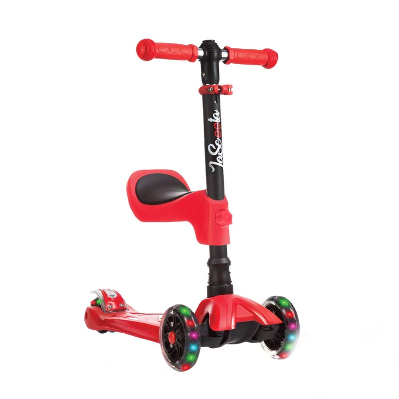LaScoota Toddler Girl and Boy Kids Adjustable Kick Scooter with Light Up Wheels and Removable Seat,(Red)