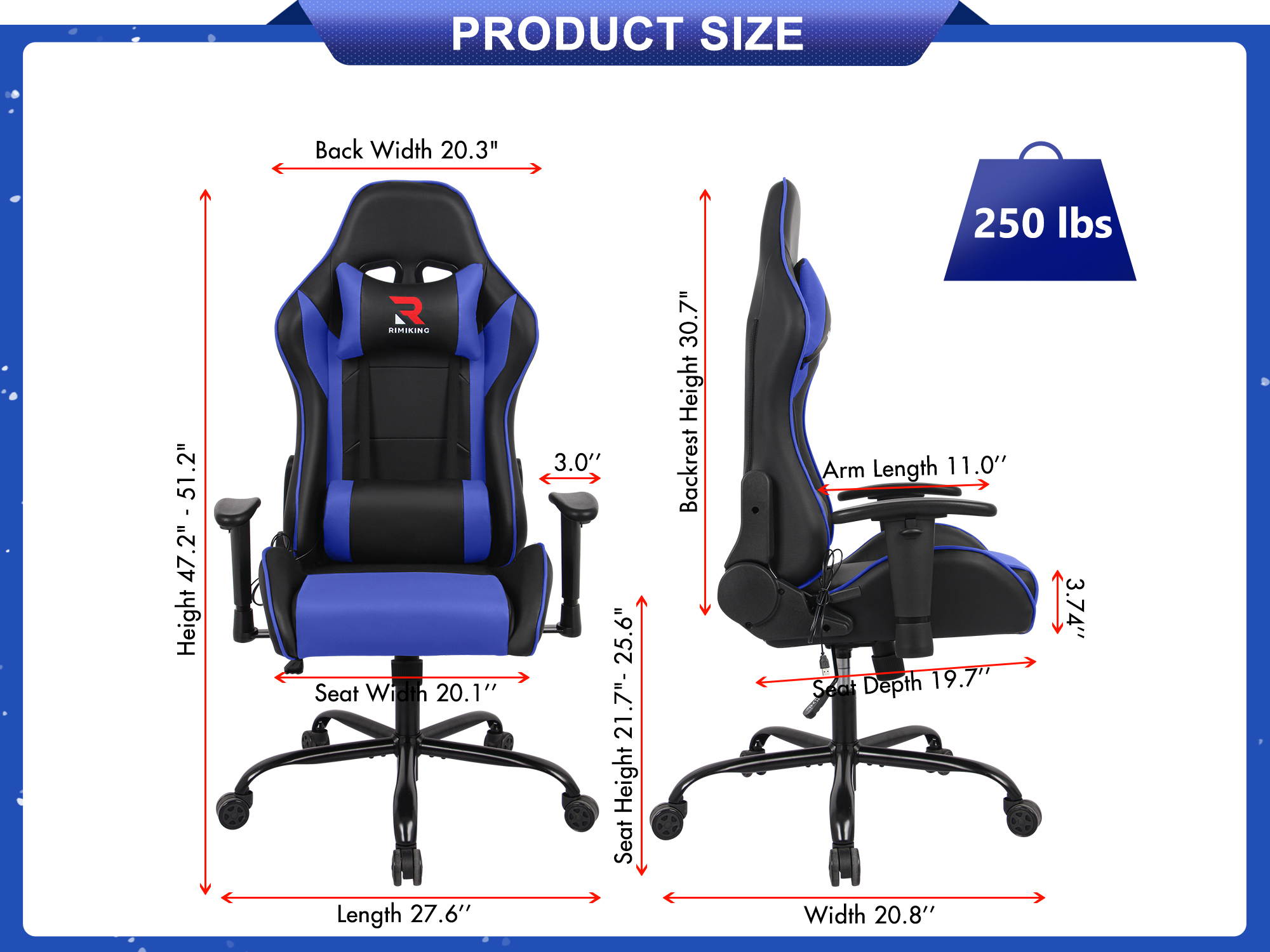 RIMIKING Massage Racing High Back Ergonomic  Computer Gaming Chair  Soft Headrest&Backrest Desk Chair Swivel Adjustable Armrest  Office Chair