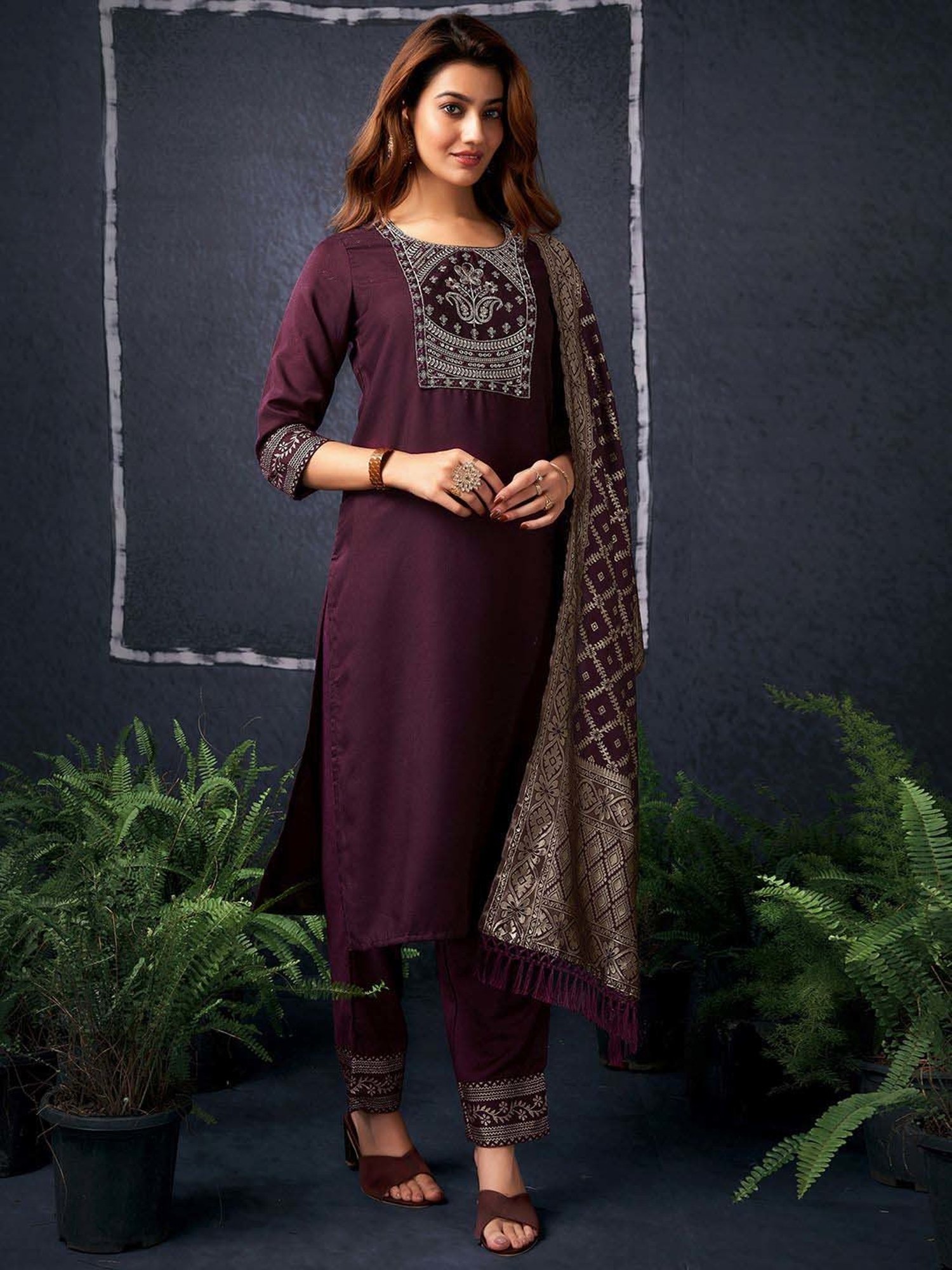 Skylee Maroon Cotton Embroidered Kurta Pant Set With Dupatta