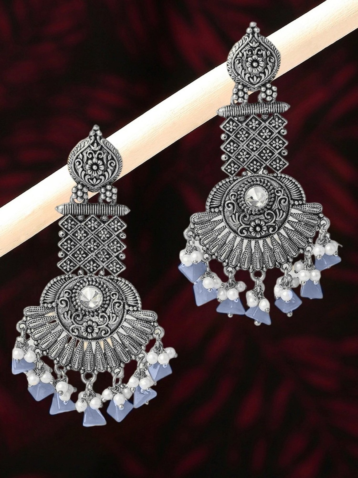 Oomph Jewellery Oxidized Silver Ethnic Silver Look Alike with Blue Beads & Pearls Dangler Earrings