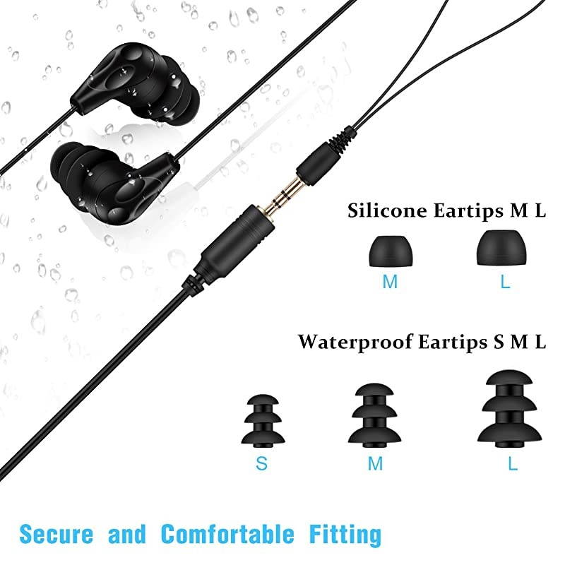 IPX8 Waterproof inEar Earphones Coiled Cable Swimming Earbuds with Stereo Audio Extension Cable Wired Black