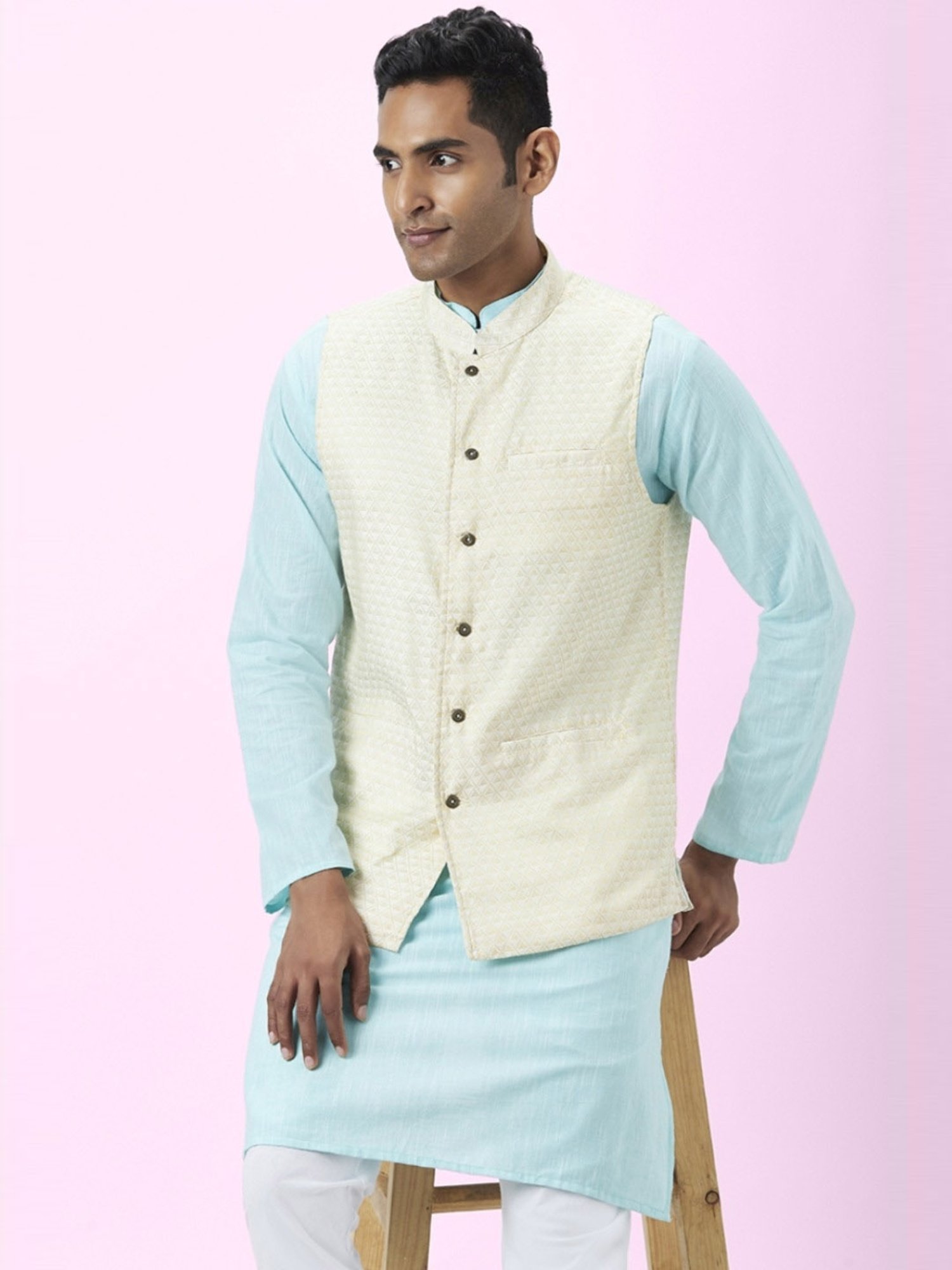 Indus Route By Pantaloons Off White Regular Fit Self Pattern Nehru Jacket