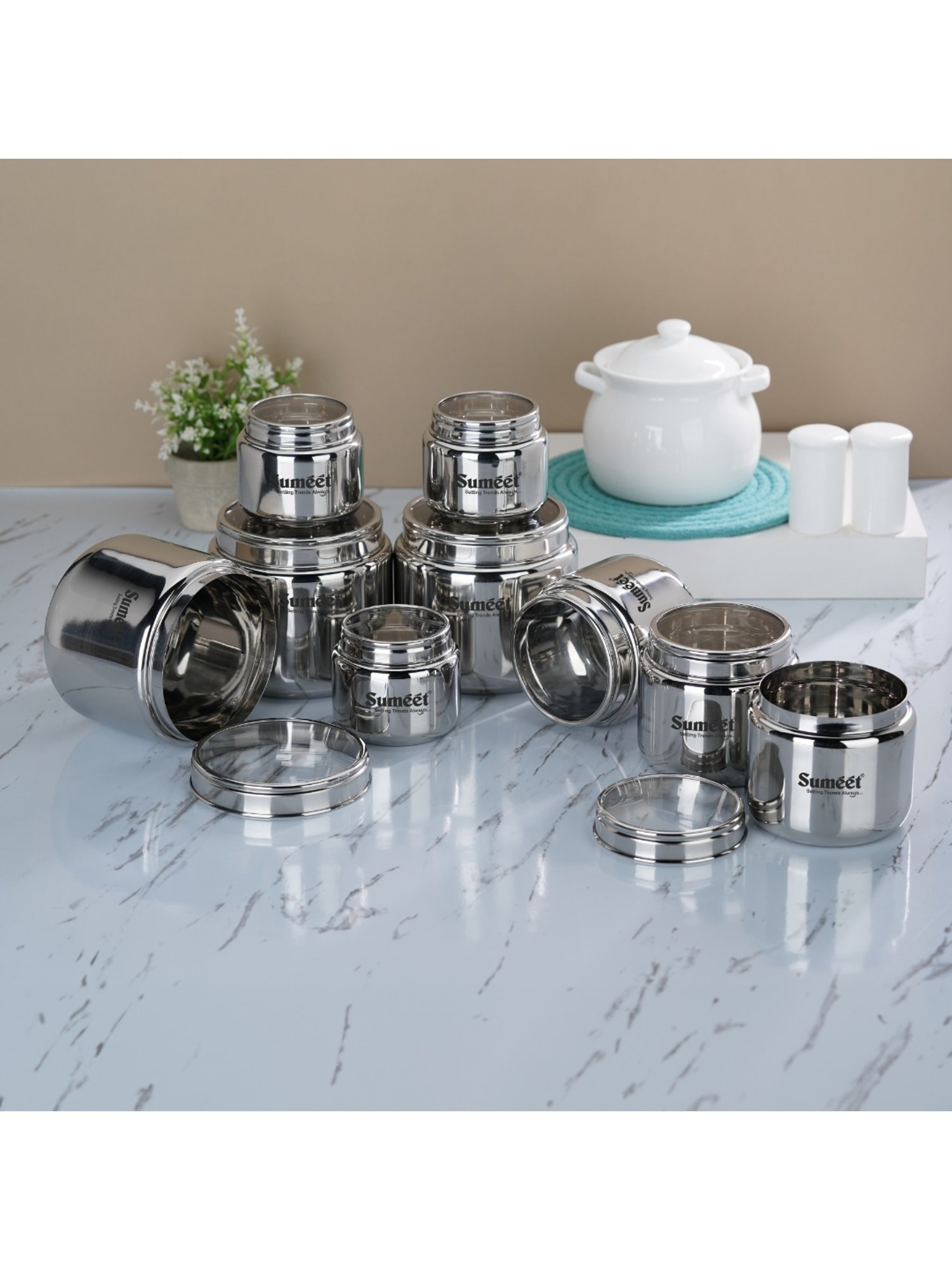 Sumeet S.S. Storage Containers with See Through Lid, Combo of 9 Pcs (400ml, 800ml & 1450ml-3Pc each)