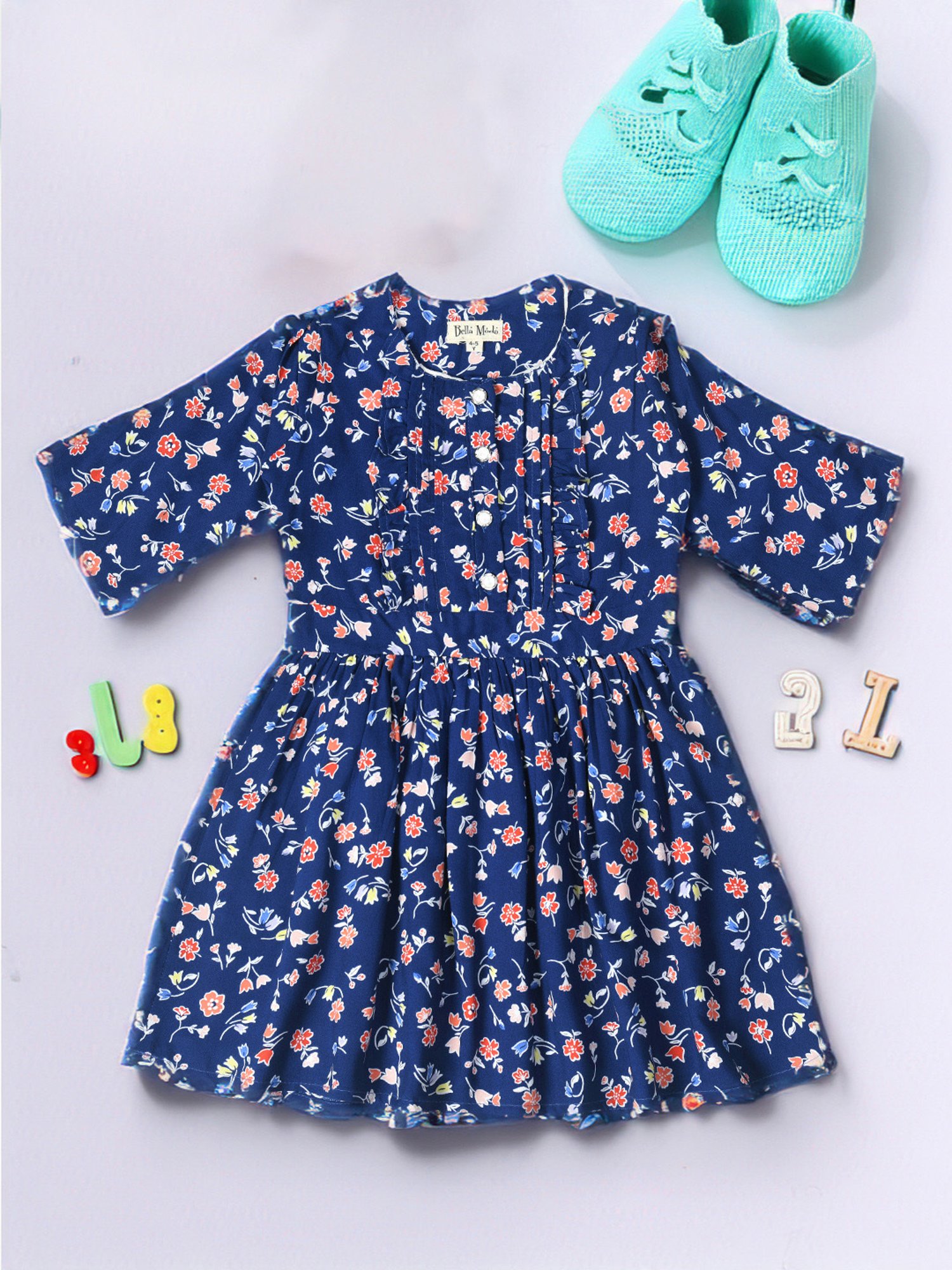 Bella Moda Kids Blue Floral Print Full Sleeves Fit & Flare Dress