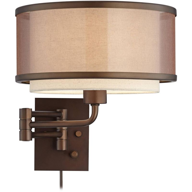 Franklin Iron Works Rustic Farmhouse Swing Arm Wall Lamp Oiled Bronze Plug-In Light Fixture Double Drum Shade for Bedroom Bedside