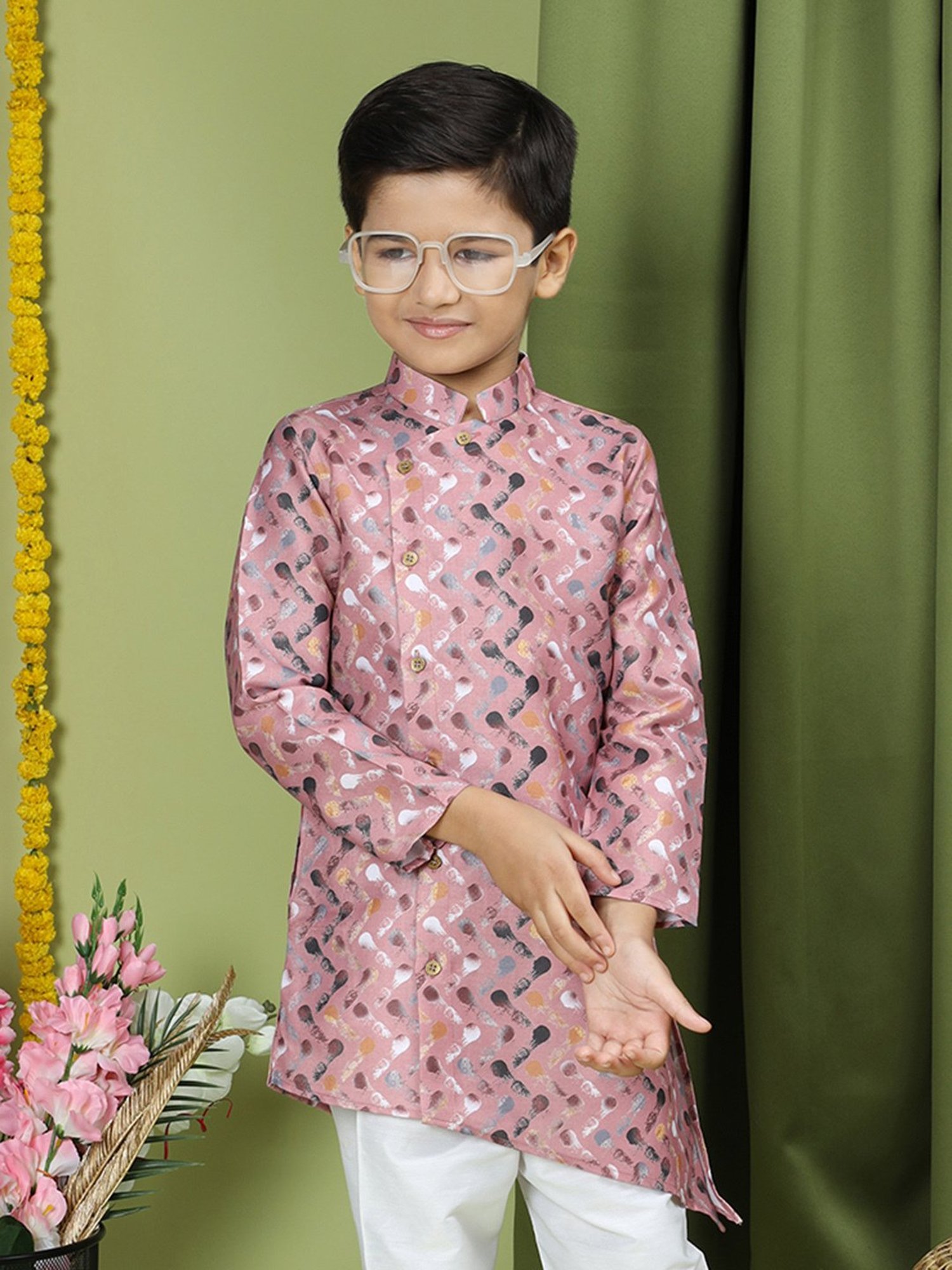 TABARD Kids Dusty Pink Printed Full Sleeves Kurta
