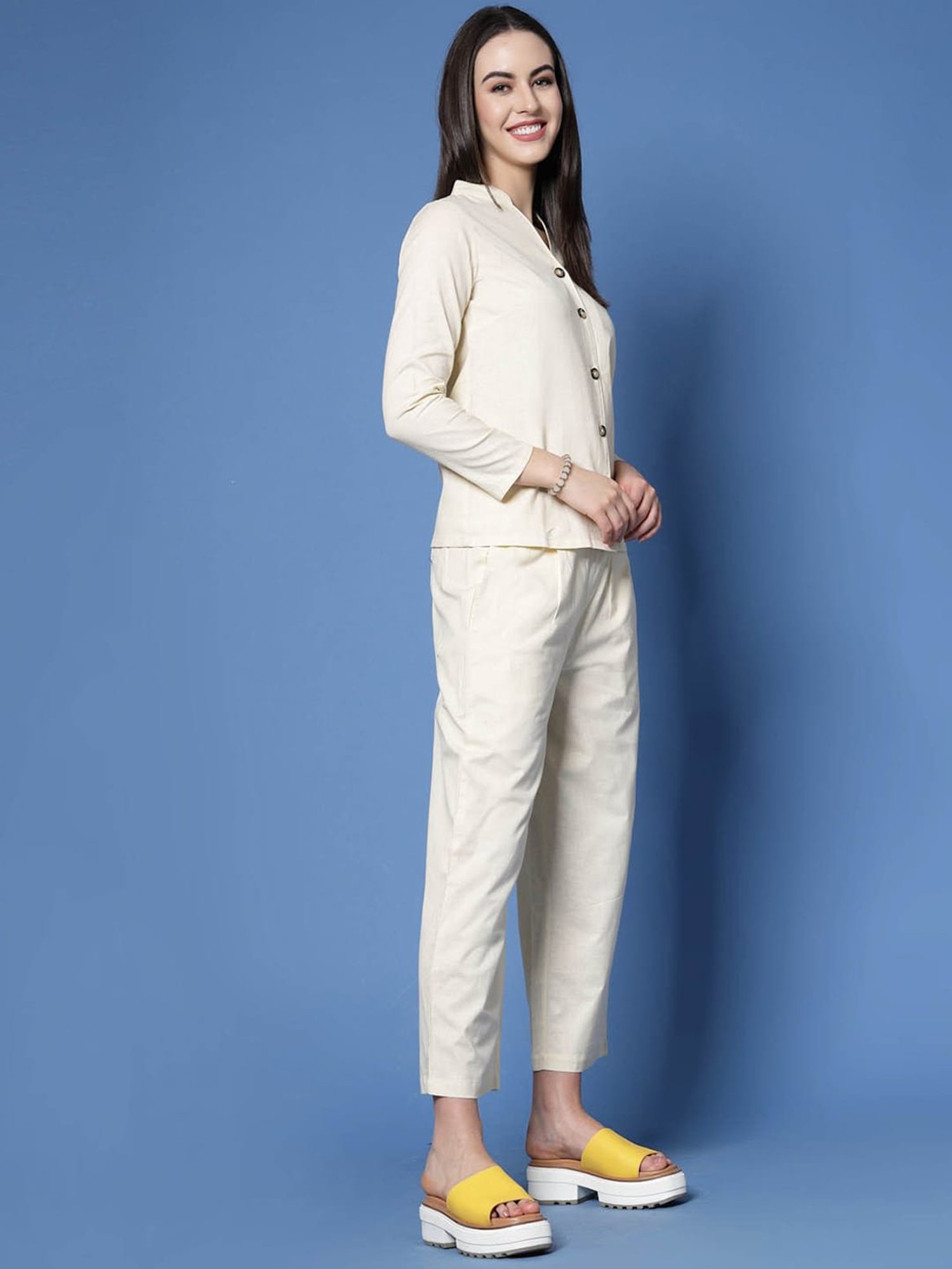 Melon by PlusS Cream Cotton Shirt With Trousers