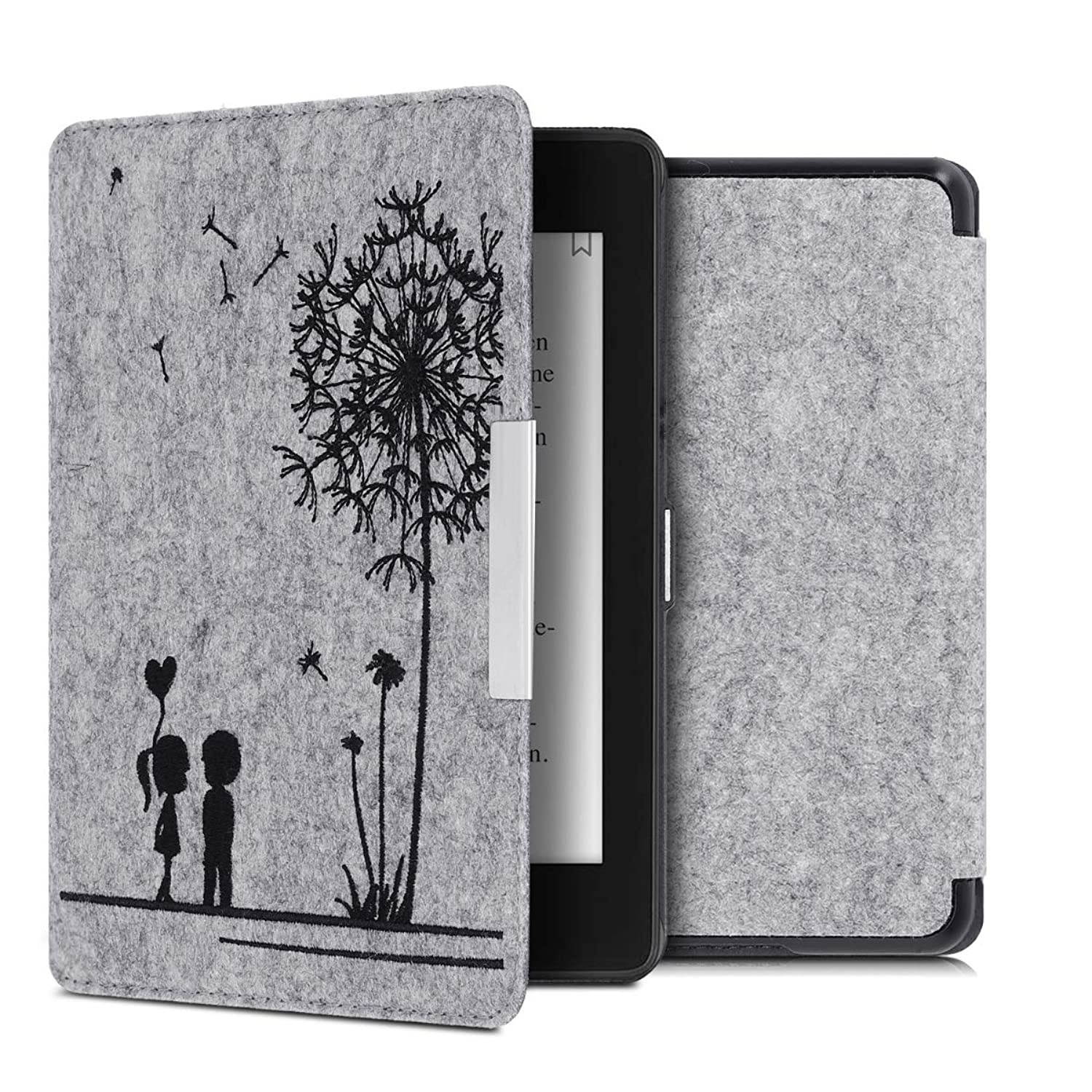 kwmobile Case Compatible with Amazon Kindle Paperwhite (10. Gen - 2018) - Book Style Felt Fabric Protective e-Reader Cover Folio Case - Dandelion Love Black/Light Grey