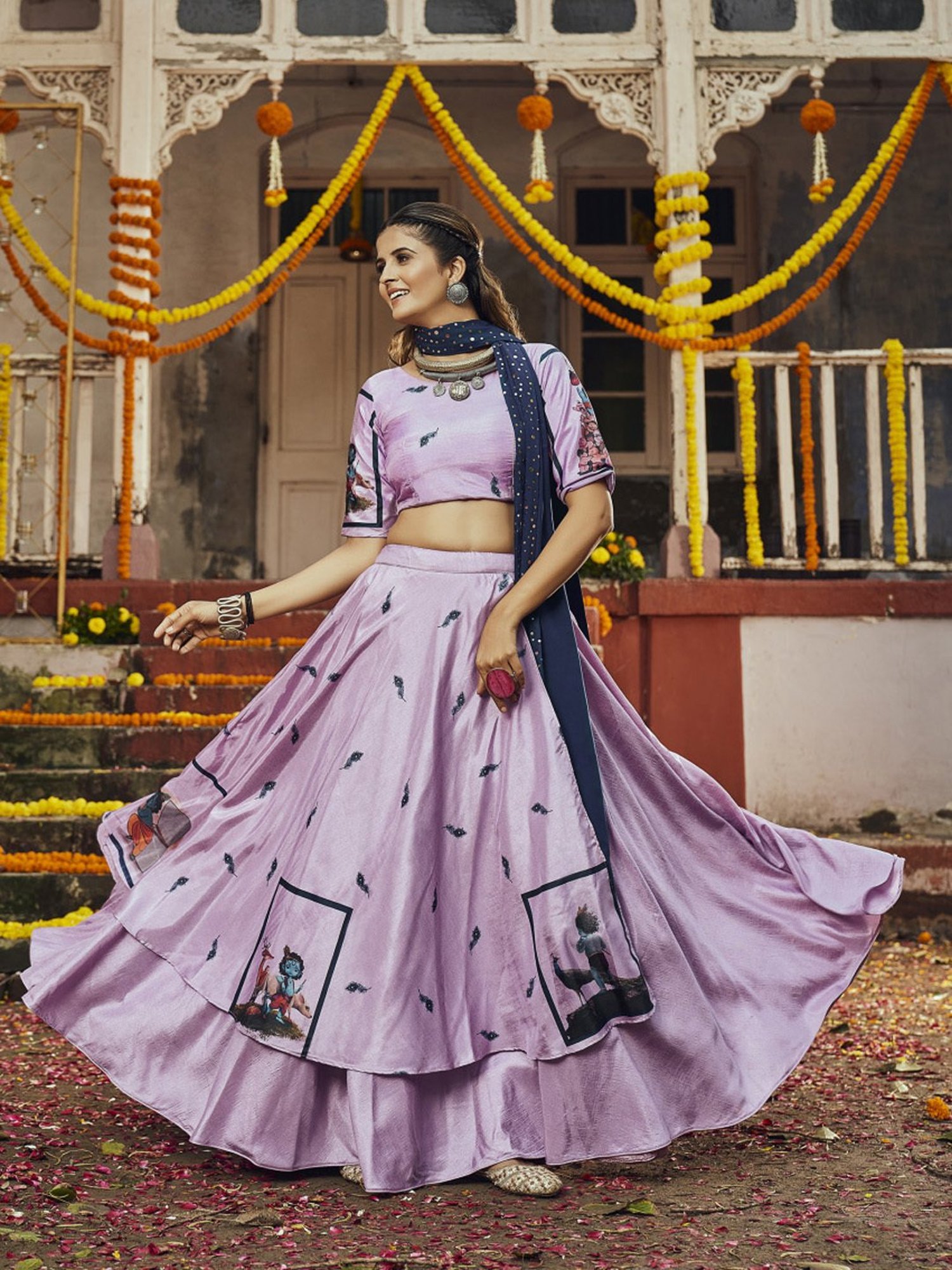 SHUBHKALA Lilac Silk Printed Lehenga and Choli Set With Dupatta