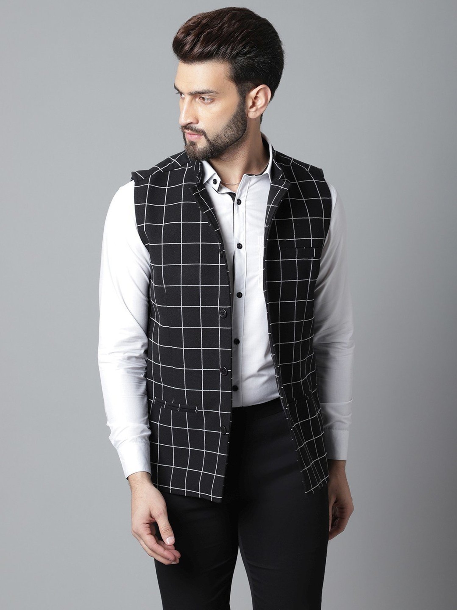 Even Black Regular Fit Checks Nehru Jacket