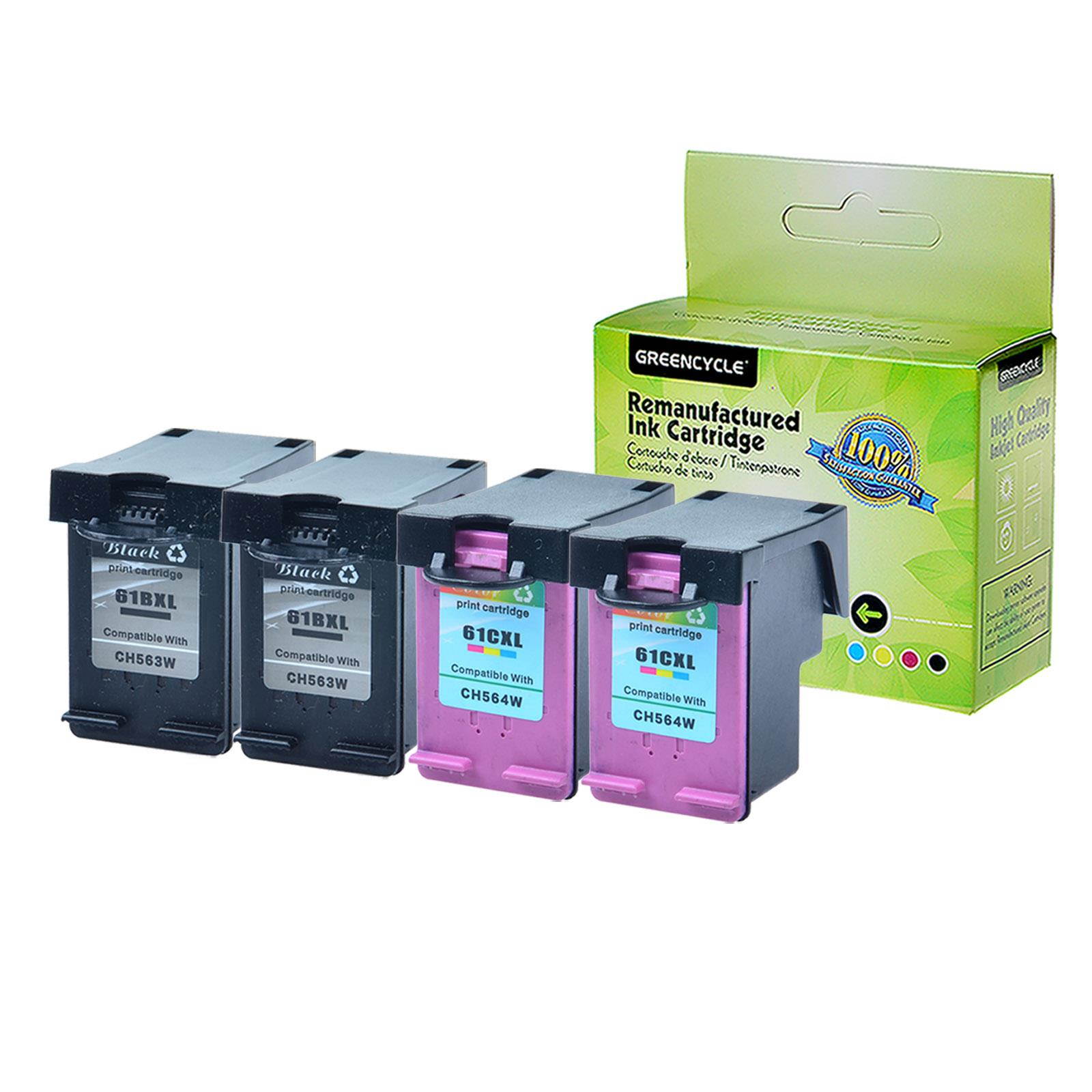 GREENCYCLE 4PK Compatible 61XL CH563W CH564W (2 Black, 2 Color) High Yield Ink Cartridge for HP Deskjet Printer- With Chip
