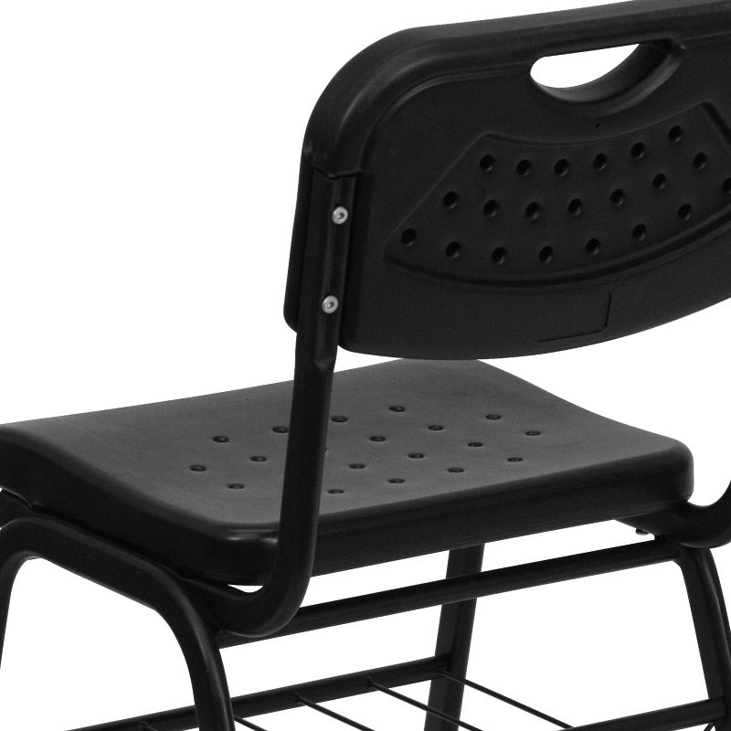Emma and Oliver Black Plastic Student Classroom Chair with Book Basket