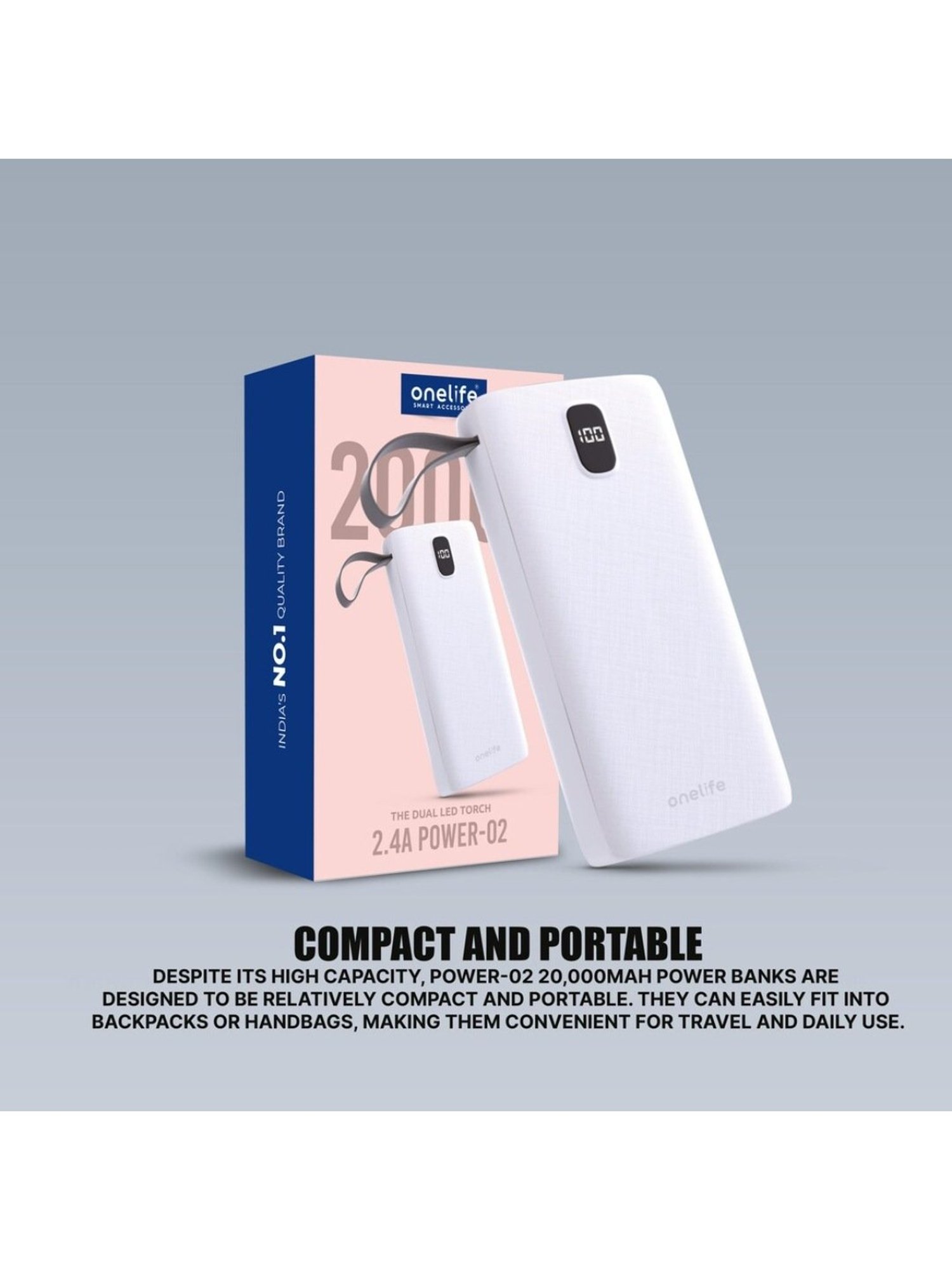 Onelife Power 02, 20000mAh 12W Lithium-Polymer Power Bank with Dual Input, Dual Output (White)