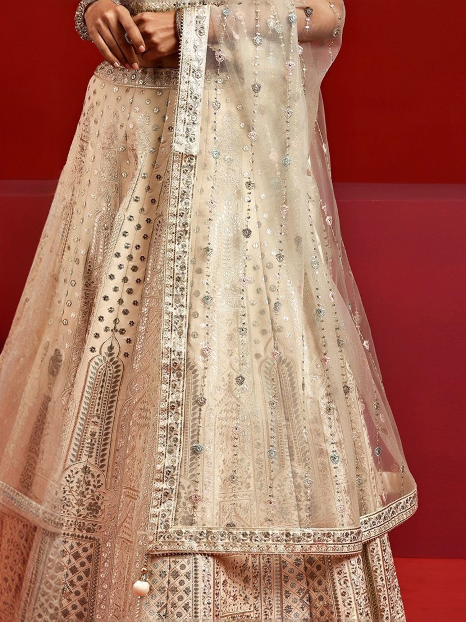 Silk Land Beige & Blue Woven Pattern Semi Stitched Lehenga Choli Set With Duppata