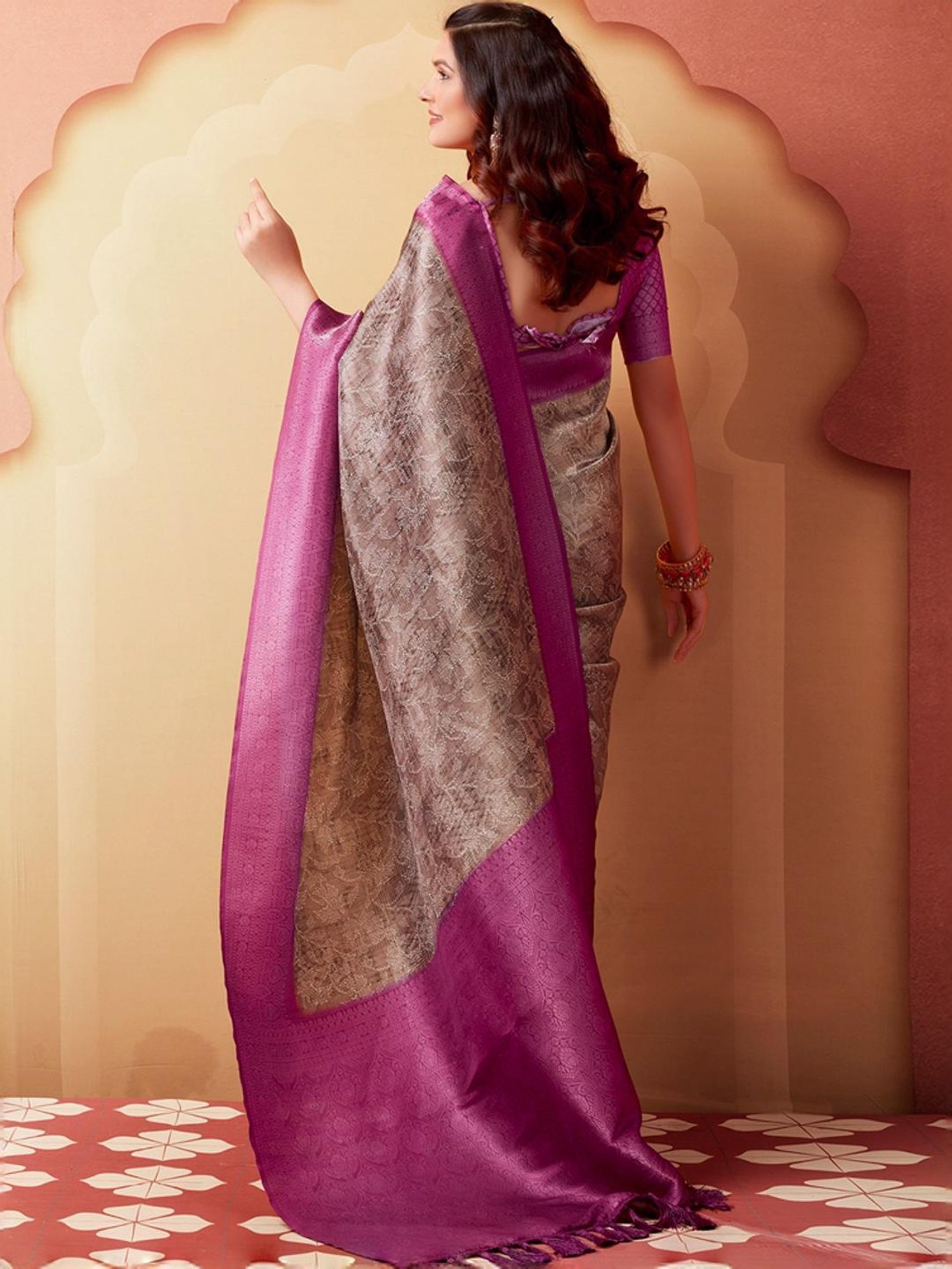 Satrani Brown & Purple Woven Saree With Unstitched Blouse