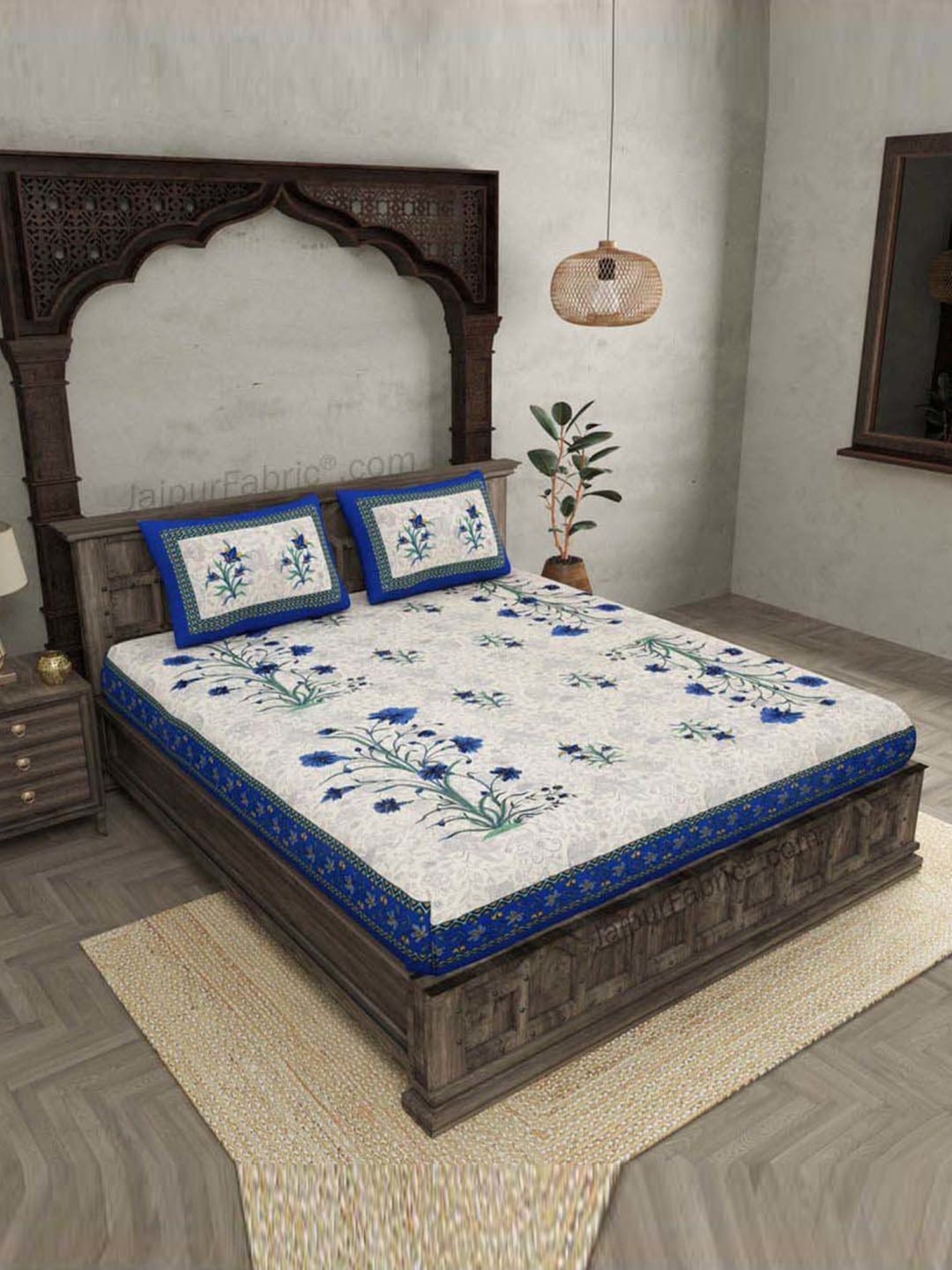 JaipurFabric Blue & Green 100% Pure Cotton 150 TC Double Bedsheet with 2 Pillow Covers