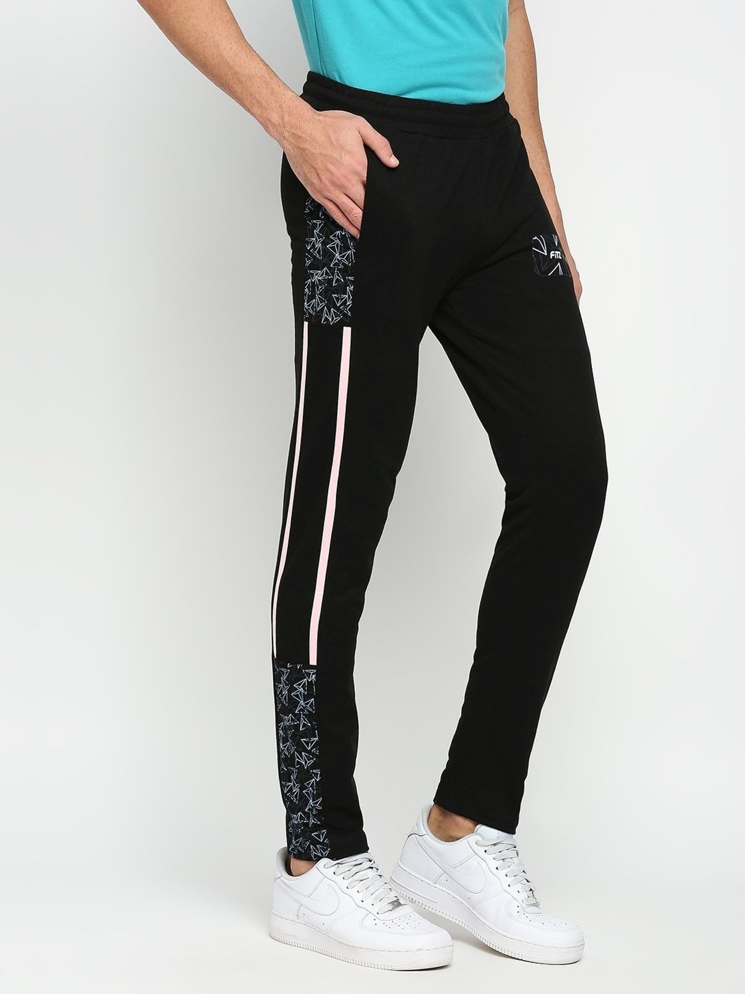 Fitz Black Slim Fit Printed Sports Trackpants