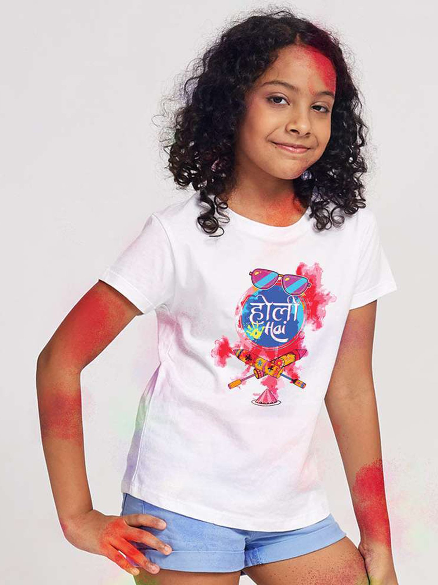 Bonkids White Cotton Holi Hai Printed T-Shirt