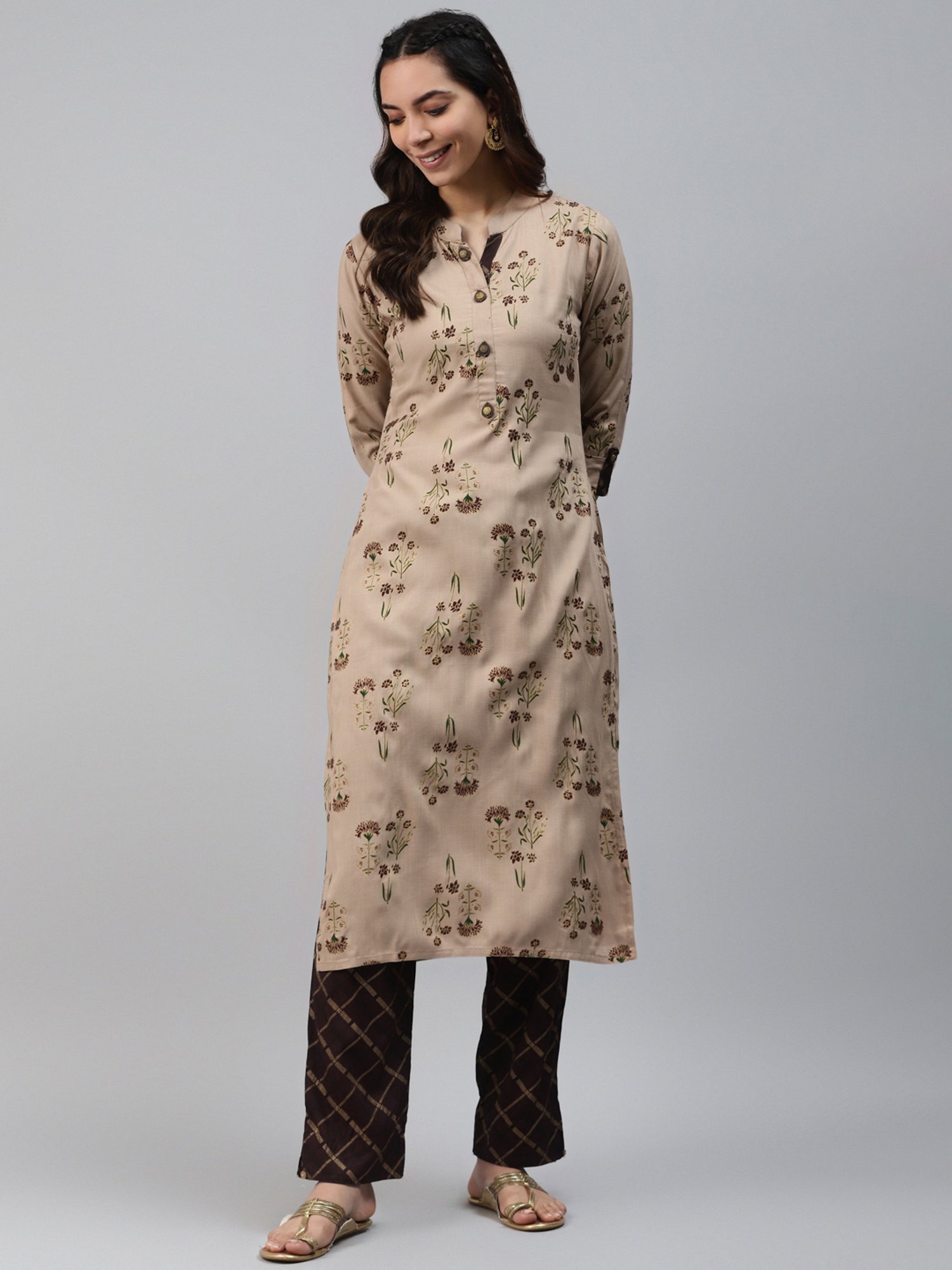 HIGHLIGHT FASHION EXPORT Beige & Brown Floral Print Kurta Pant Set