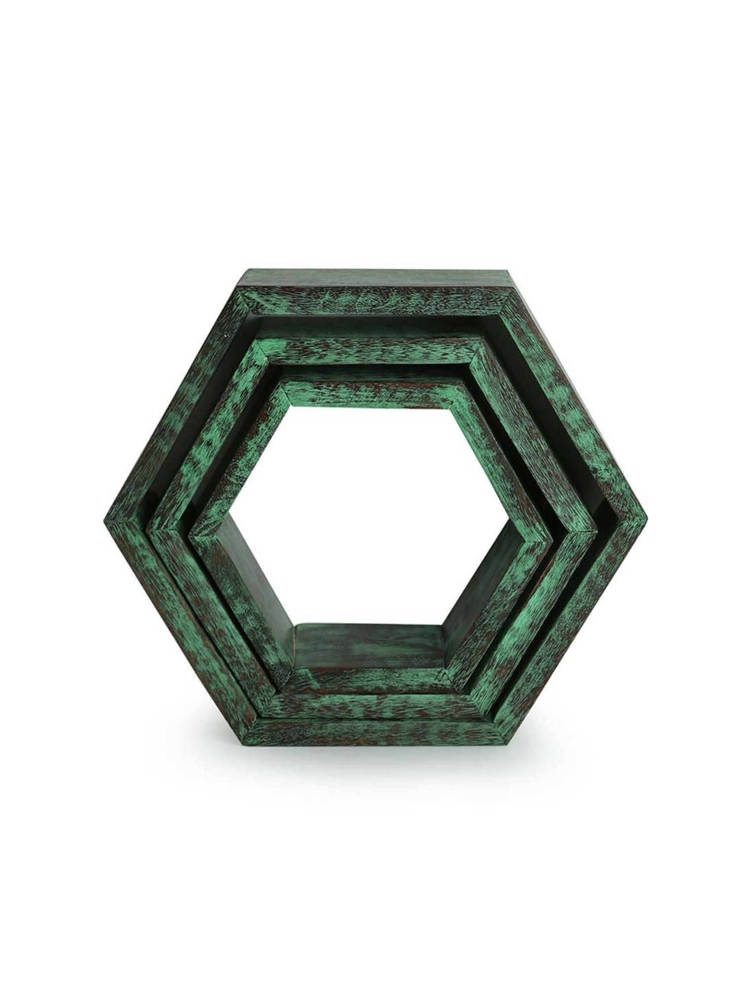 ExclusiveLane 'Rustic Hexagons' Antique Finish Nested Wall Shelves In Mango Wood (Set of 3)