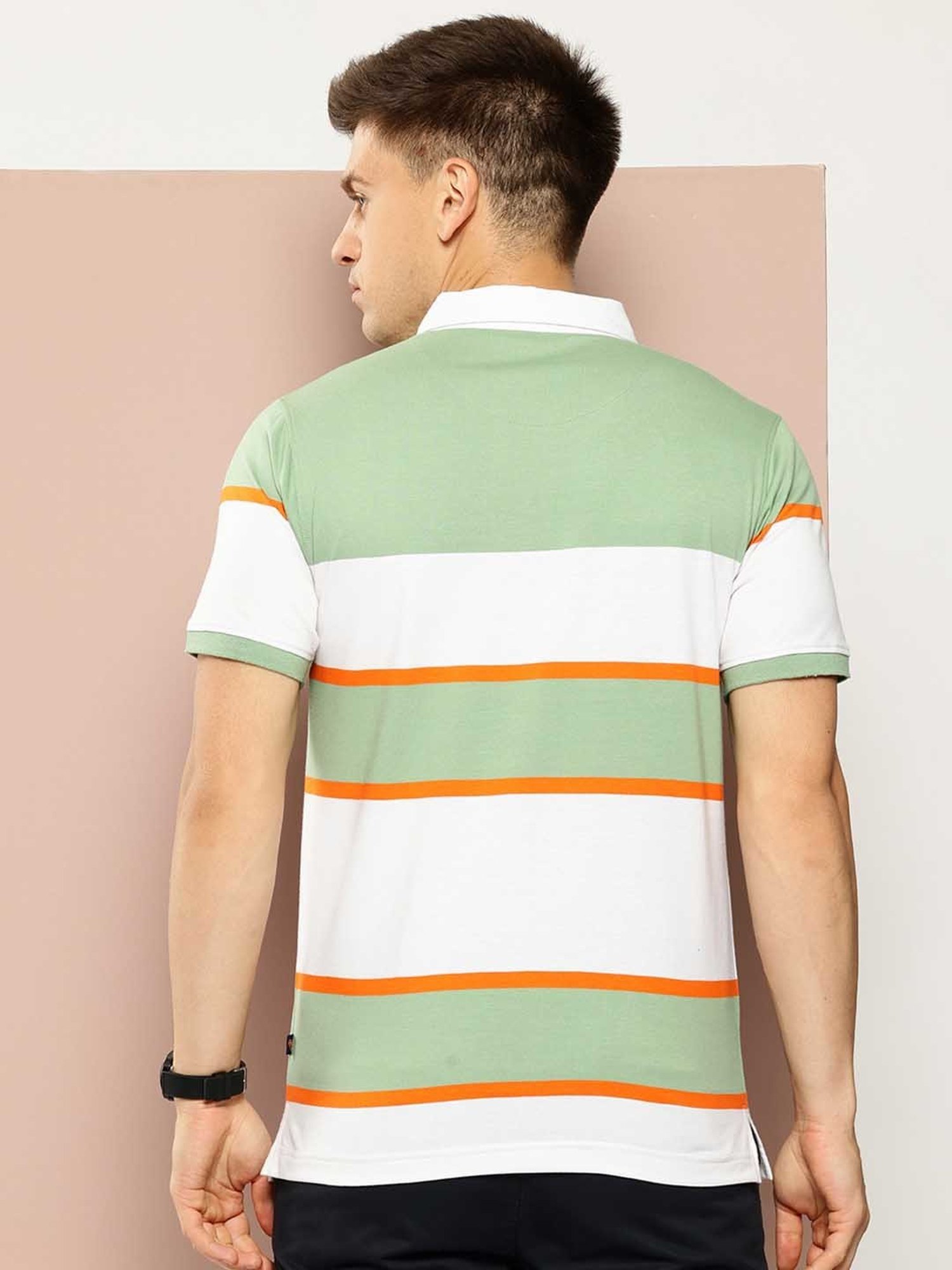 Club York Light Green & White Regular Fit Striped Polo T-Shirt