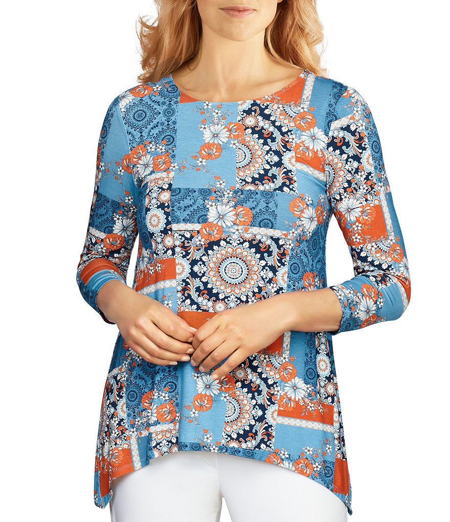 Ruby Rd. Medallion Patchwork Print Knit 3/4 Sleeve Handkerchief Hem Top