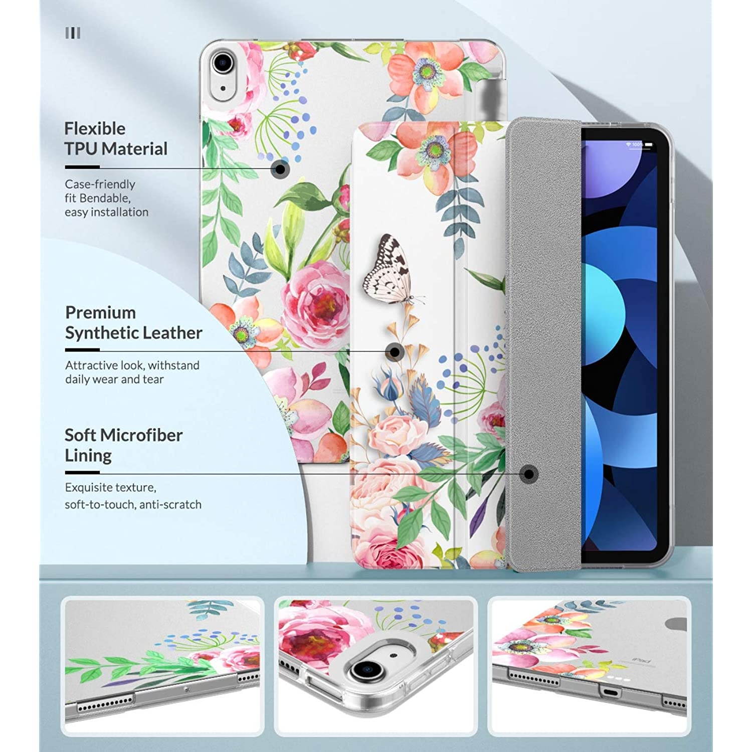 MoKo Case Fit New iPad Air 4, iPad Air 4th Generation Case 2020 10.9", Smart Trifold Stand Slim Folio Case Soft TPU Frosted Translucent Back Cover Fit iPad Air 4 2020,Auto Wake/Sleep,Fragrant Flowers