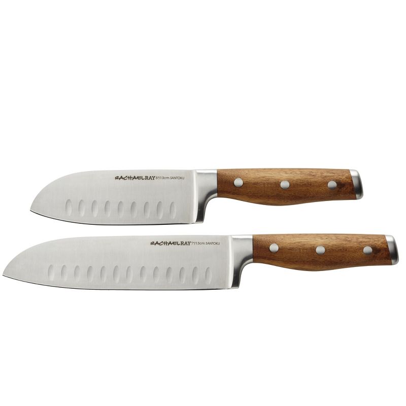 Rachael Ray 2 Piece Cutlery Japanese Stainless Steel Santoku Knife Set with Acacia Handles