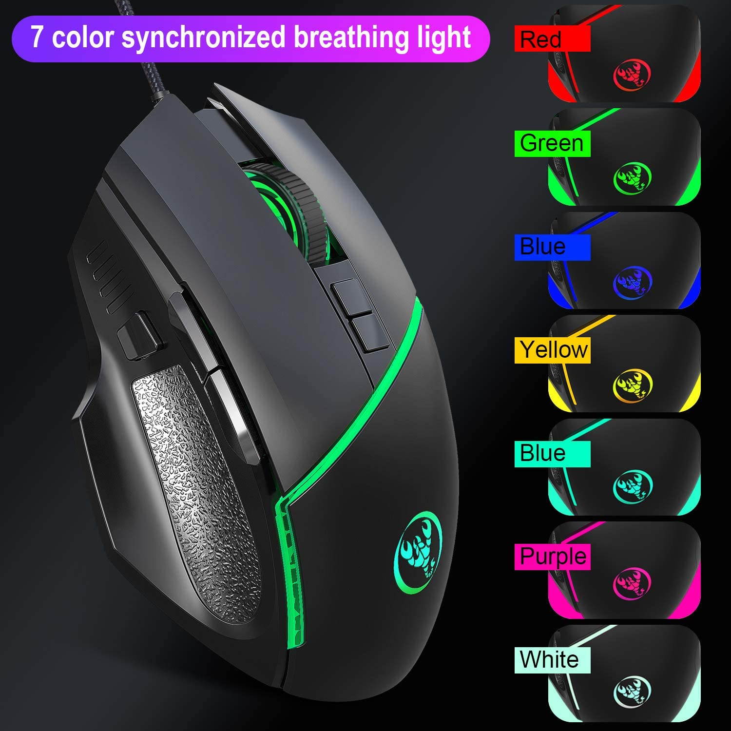 Gaming Mice Wired, Grip Ergonomic Optical PC Computer Gaming Mice with Shooting Button for Laptops, 7 Programmable Buttons, RGB with 7 Backlit 6400 DPI Adjustable for Windows PC Gamers (Black)