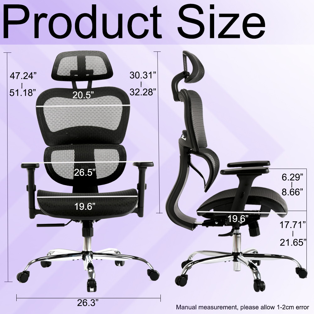 High Back Ergonomic Office Chair - Adjustable Headrest Mesh Task Chair Reclined and Lockable Executive Chair with Lumbar Support Comfortable Swivel Computer Chair with Armrest - Black