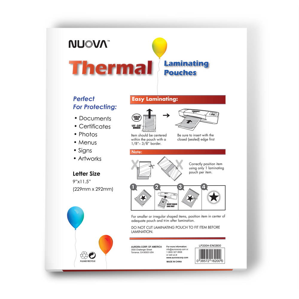 200-Pack Nuova Premium Thermal Laminating Pouches 9" X 11.5", Letter Size, 3 mil, 200-Pack