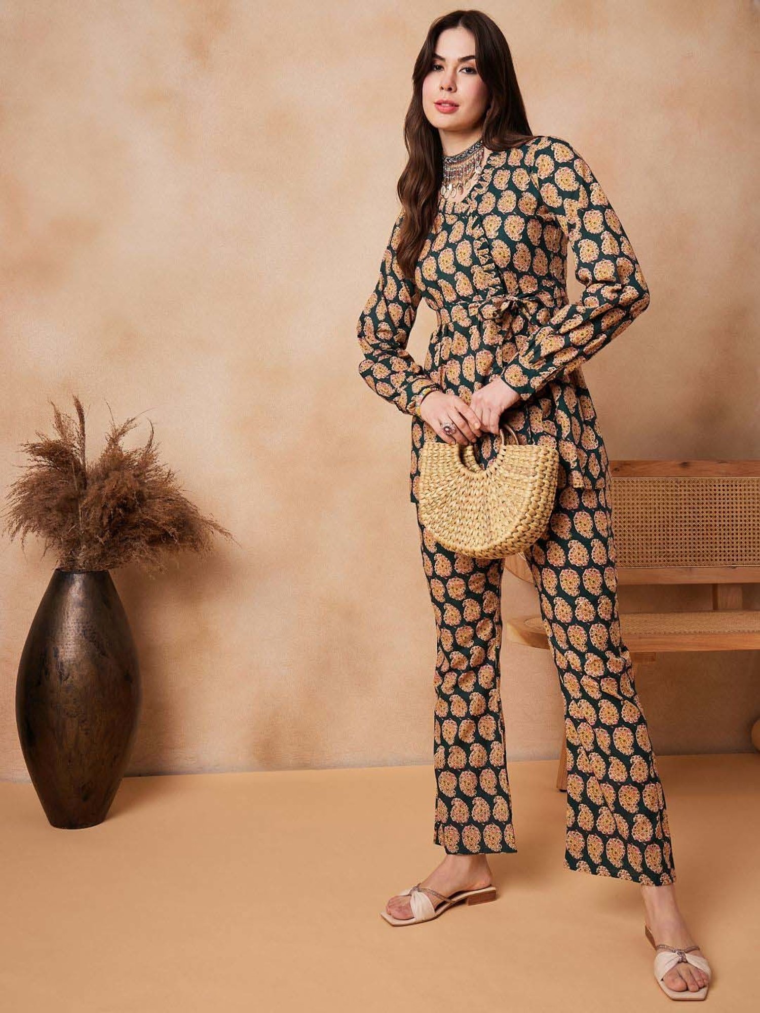 Inweave Green Cotton Printed Top & Pant Set