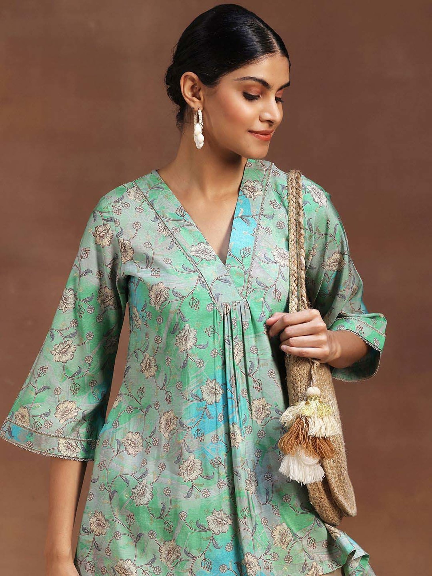 Libas Green Printed A Line Short Kurti