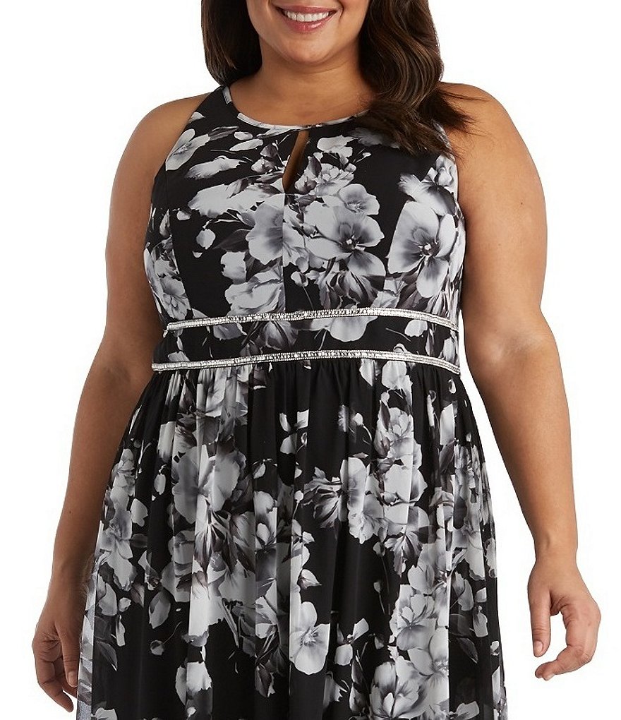 R & M Richards Plus Size Floral Printed Sleeveless Round Keyhole Neck Chiffon Dress