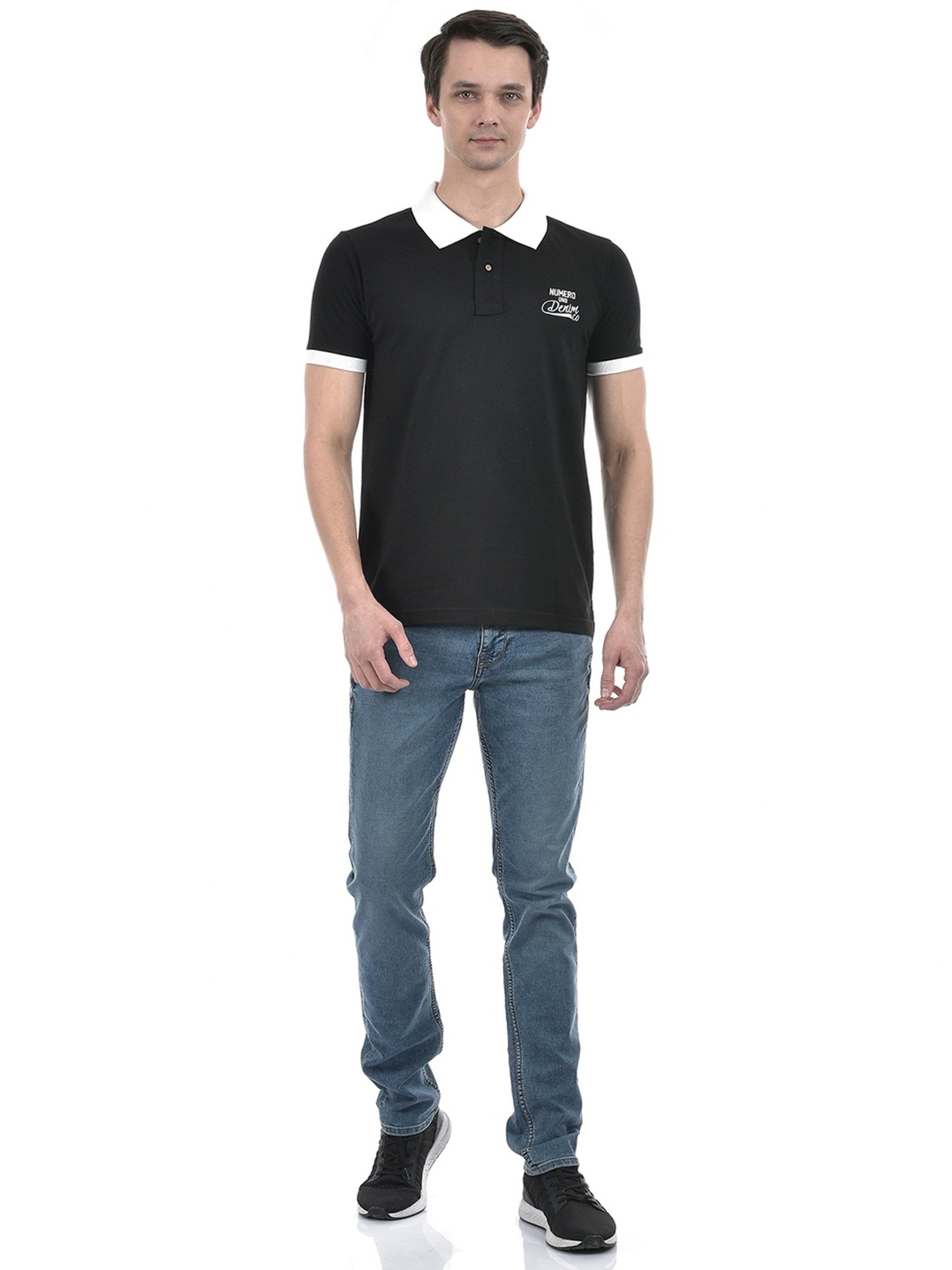 Numero Uno Black Cotton Slim Fit Polo T-Shirt