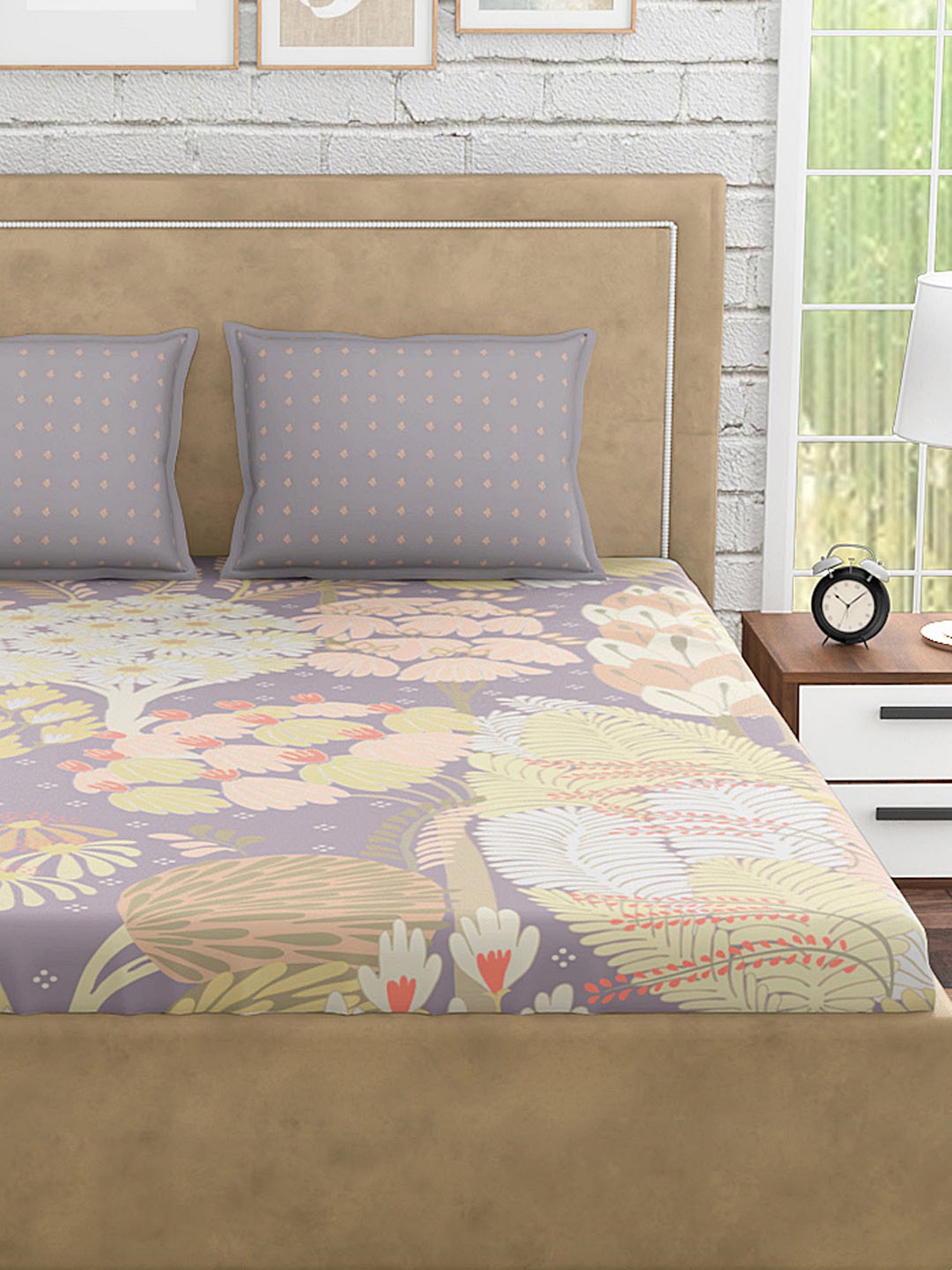 Petal Home Acadia Abstract Grey 300 TC Cotton Queen Size Bed Sheet with 2 Pillow Covers