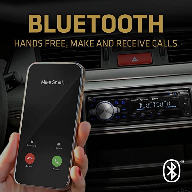 SDC26B Car Stereo Single Din Bluetooth Audio and HandsFree Calling Builtin Microphone MP3 Player CD USB Port AUX Input AMFM Radio Receiver Wireless Remote Control
