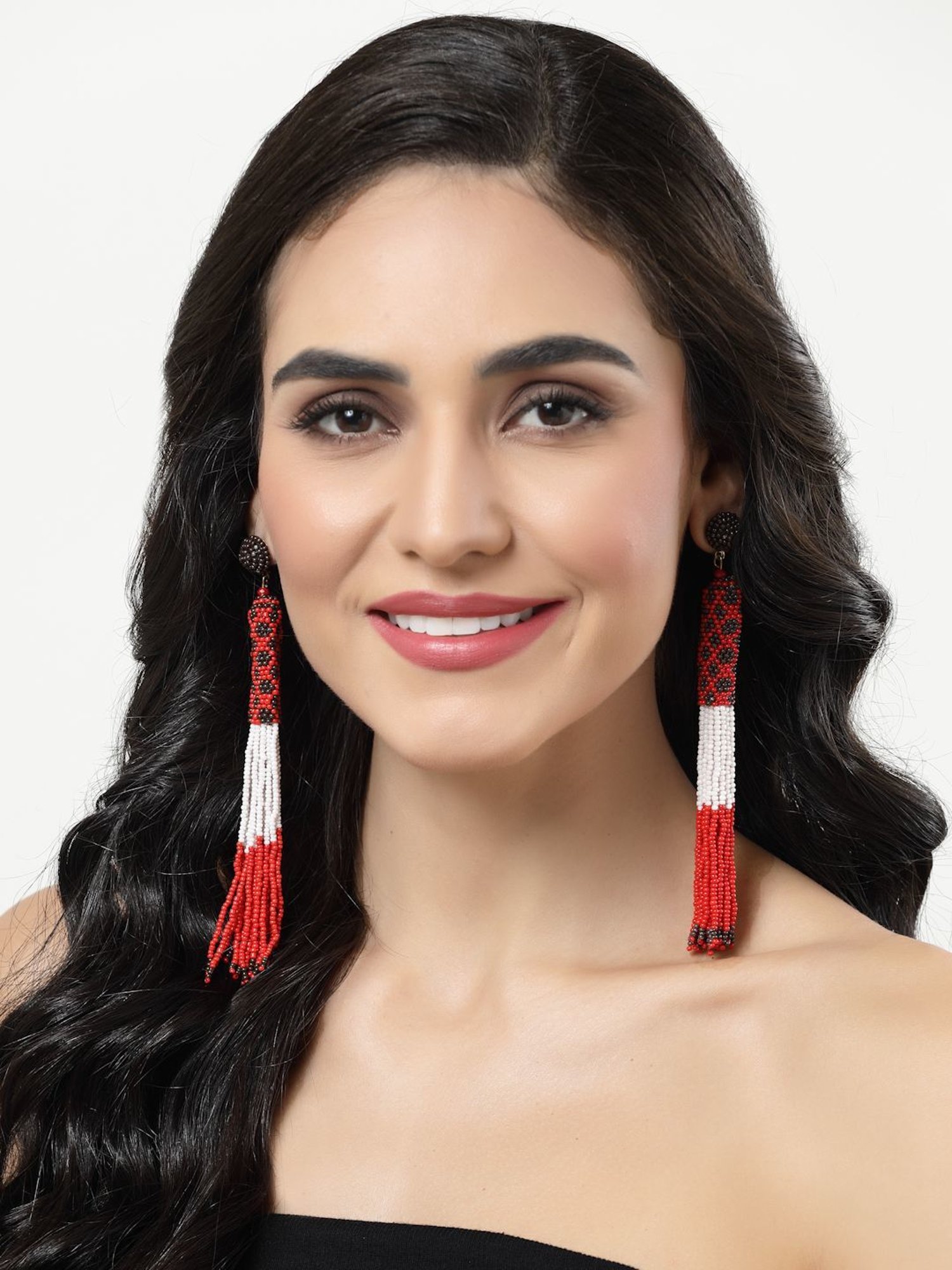 Moedbuille Red and Black Beads Contemporary Tasselled Design Gold Plated Handcrafted Earrings