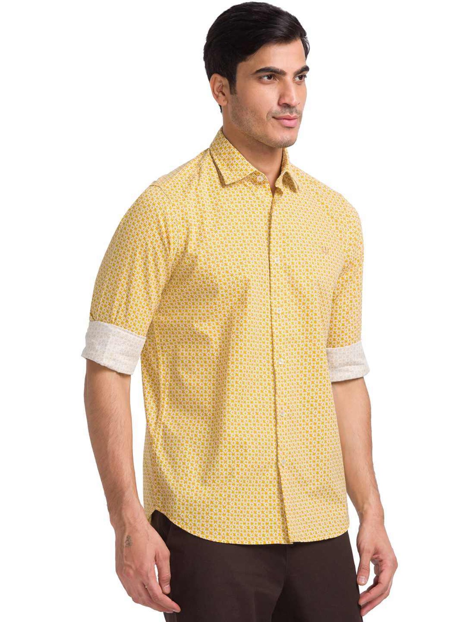 ColorPlus Yellow Pure Cotton Tailored Fit Printed Shirt