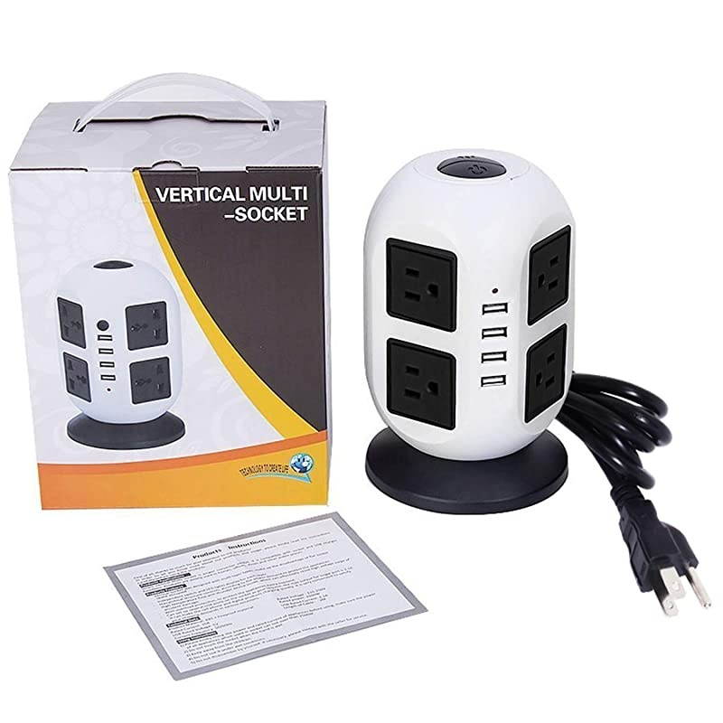 Power Strip Tower Surge Protector Electric Charging Station 2500W 10ASmart Extension Lead Socket 2M556ft Overload Protection 8 outlets and 4 USB Ports Universal SocketWhite