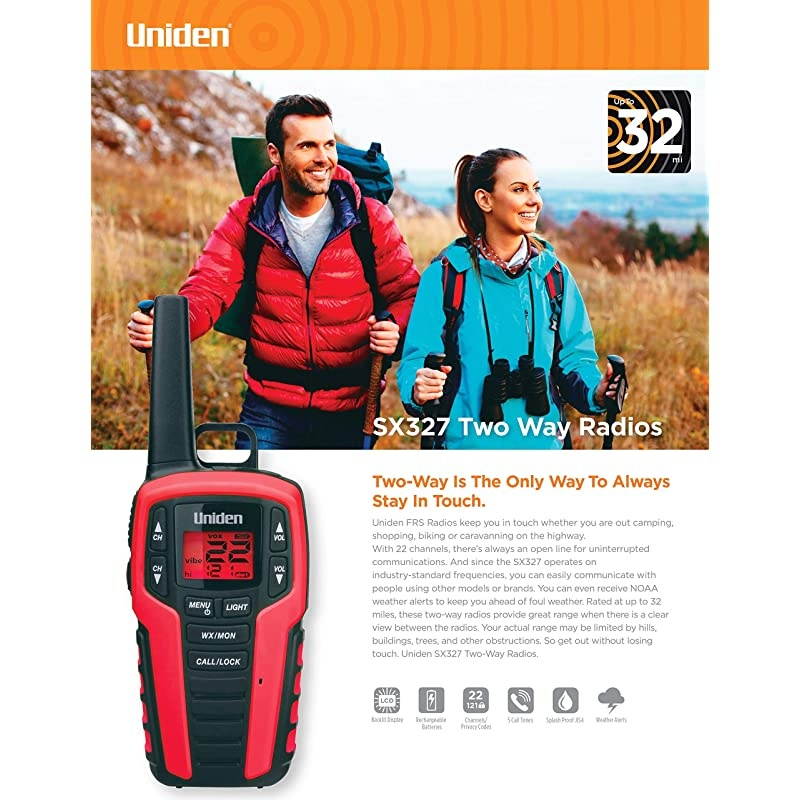 SX3272CK Up to 32Mile Range FRS TwoWay Radio Walkie Talkies Dual Charging Cradle Water Resistant 22 Channels w 121 Privacy Codes Power Boost NOAA Weather and LED FlashlightStrobe
