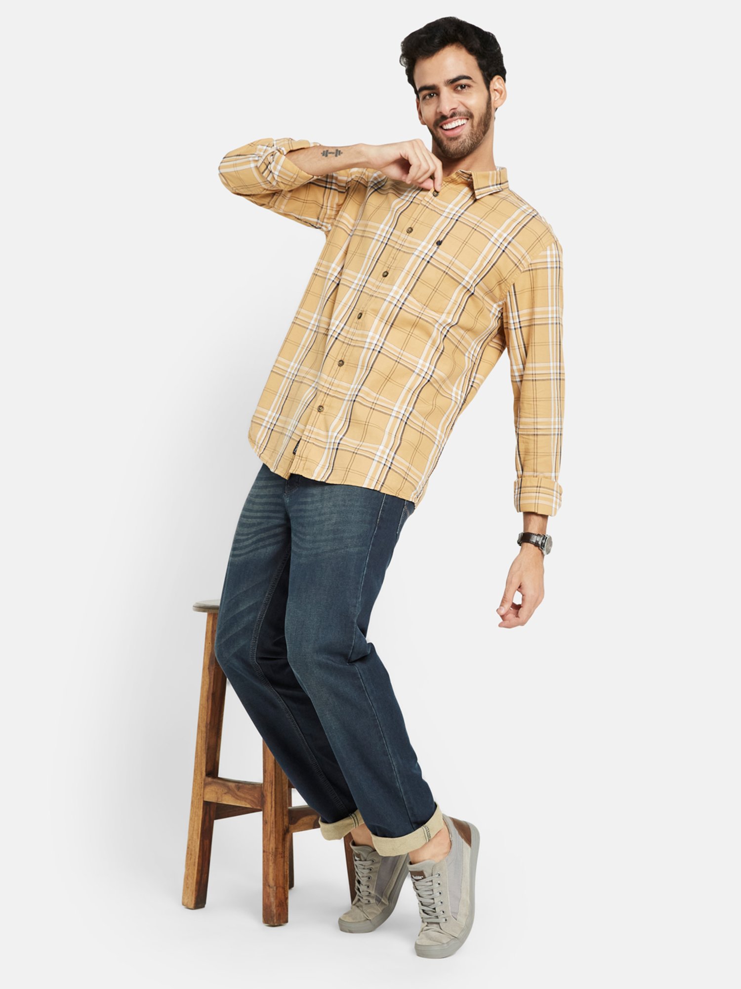 METTLE Mustard Regular Fit Check Shirt