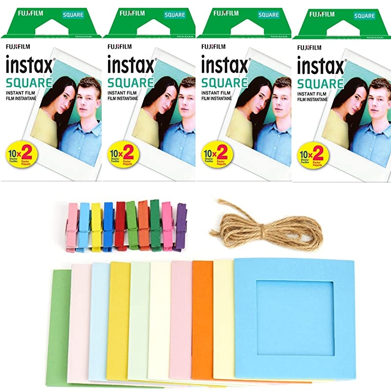 4X  Instax Square Instant Film (80 Exposures) + Hanging Photo Frames for Square Film Assorted Colors &ndash; Deluxe Accessory Bundle