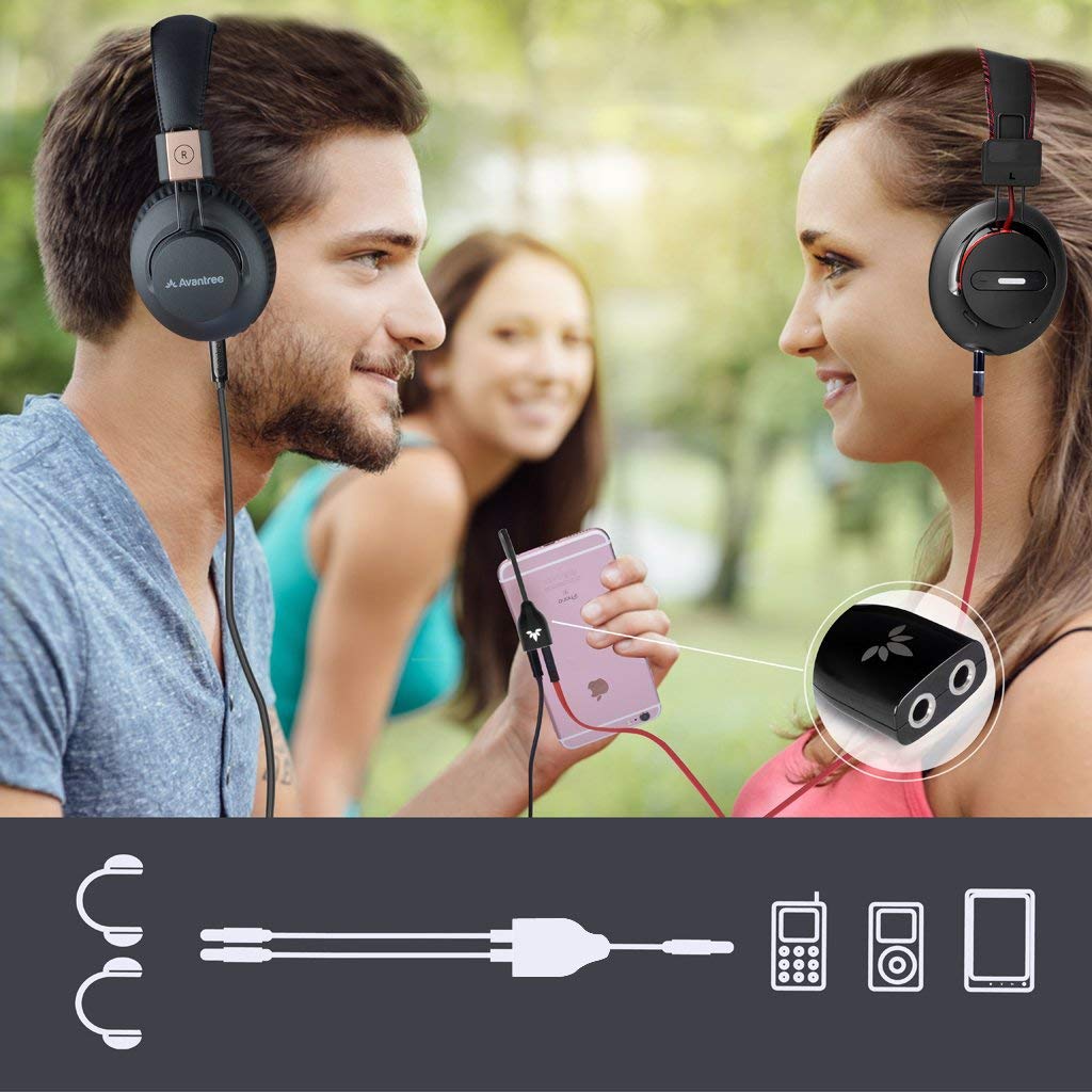 Avantree Two Way 3.5mm Dual Headphone Jack Splitter, AUX Stereo Earphone Earbuds Y Audio Split Adapter Cable, Compatible with iPhone, iPad, Samsung Phones and Tablets - Black