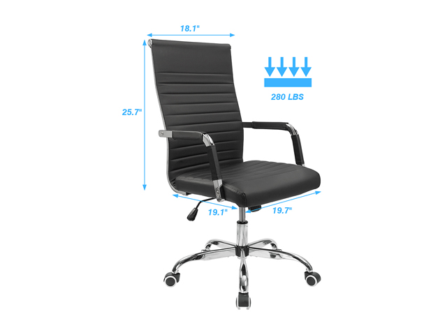 Furmax Ribbed Office Desk Chair Mid-Back PU Leather Executive Conference Task Chair Adjustable Swivel Chair with Arms (Black)