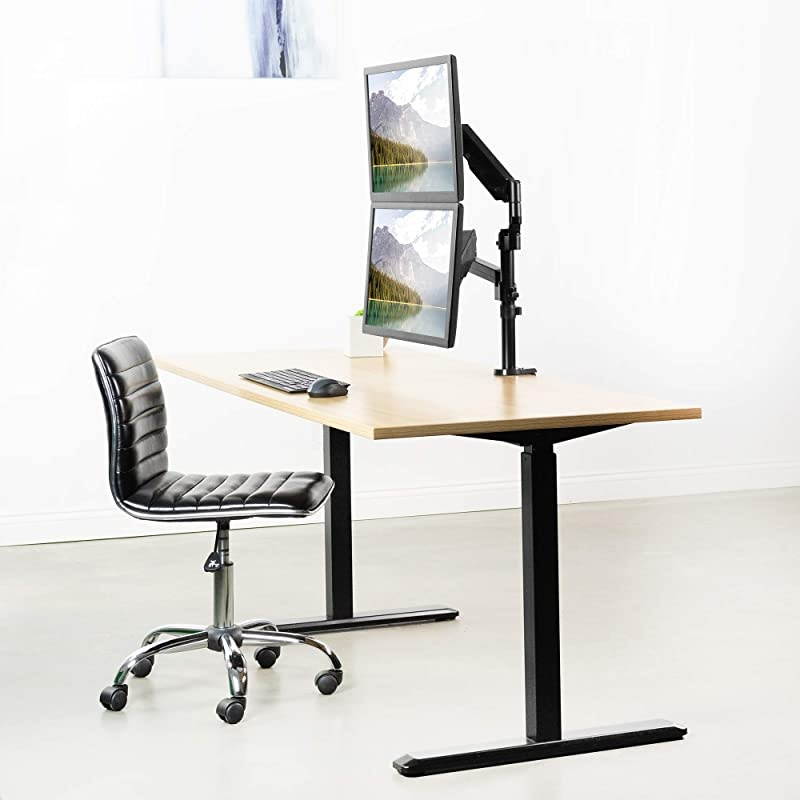 Dual Monitor Arm Mount for 17 to 32 inch Screens - Pneumatic Height Adjustment, Full Articulating Tilt, Swivel, Heavy Duty VESA Stand with Desk C-clamp and Grommet Option STAND-V002K