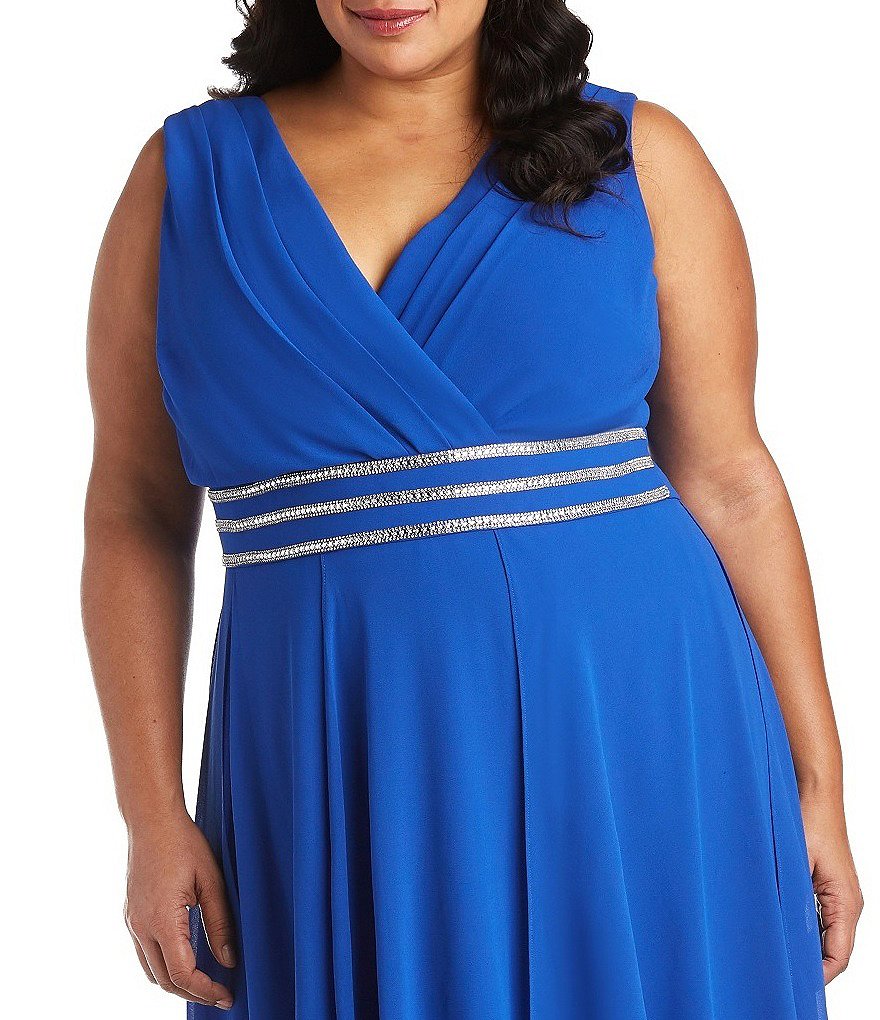 R & M Richards Plus Size Beaded Waist V-Neck Sleeveless Chiffon Gown