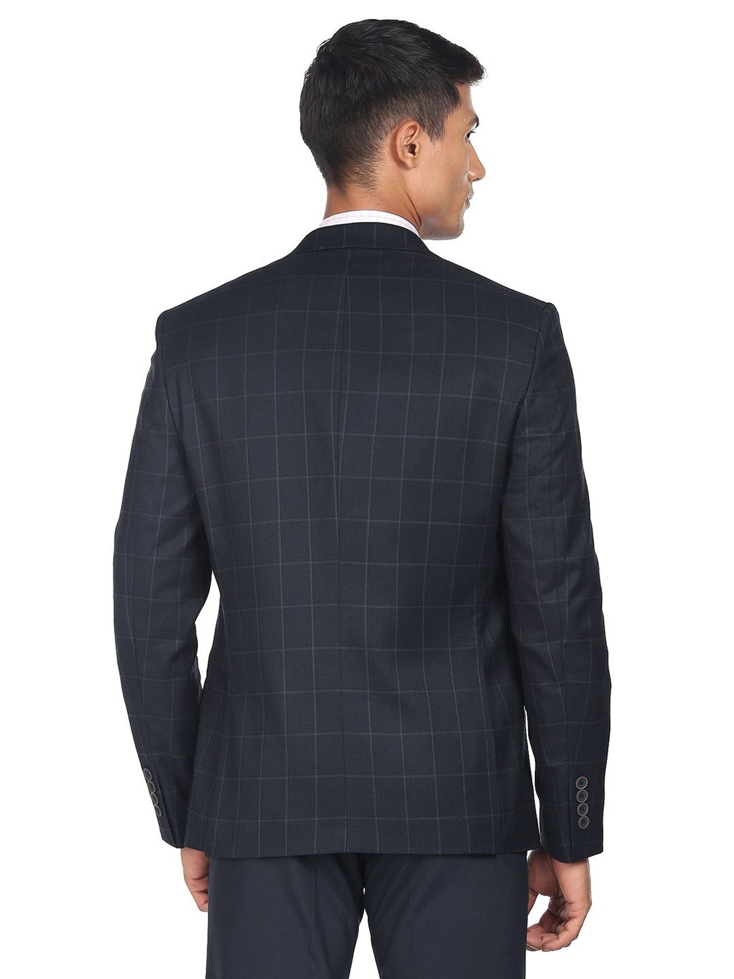 AD by Arvind Navy Regular Fit Notch Lapel Check Blazer